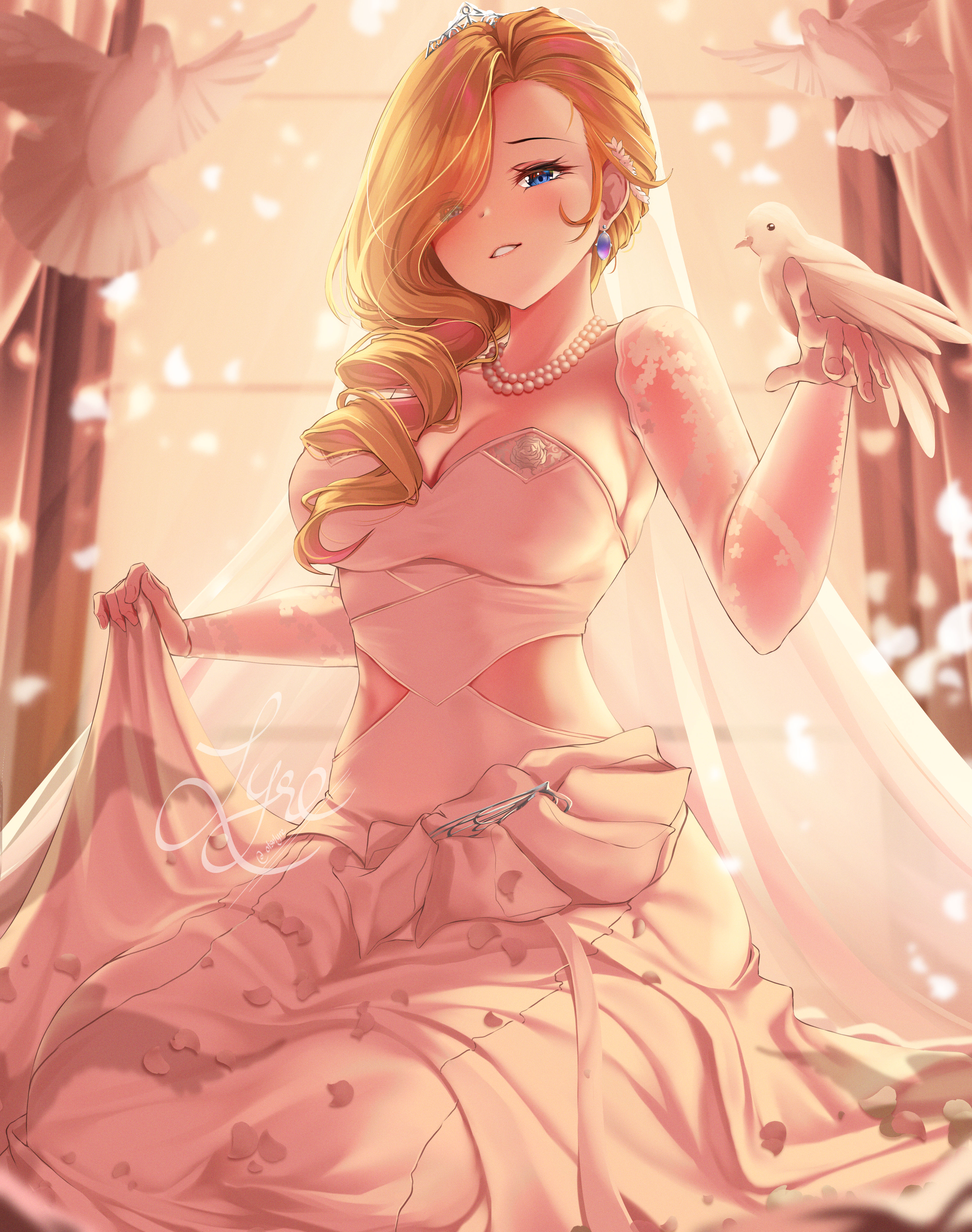 o7fian, hood (azur lane), hood (rosey love poem) (azur lane), azur lane, absurdres, highres, 1girl, bird, bird on hand, blonde hair, blue eyes, bouquet, breasts, bridal veil, cleavage, crown, detached sleeves, dress, flower, hair over one eye, hair over shoulder, holding, large breasts, long sleeves, official alternate costume, petals, signature, sitting, skirt hold, solo, veil, wedding dress