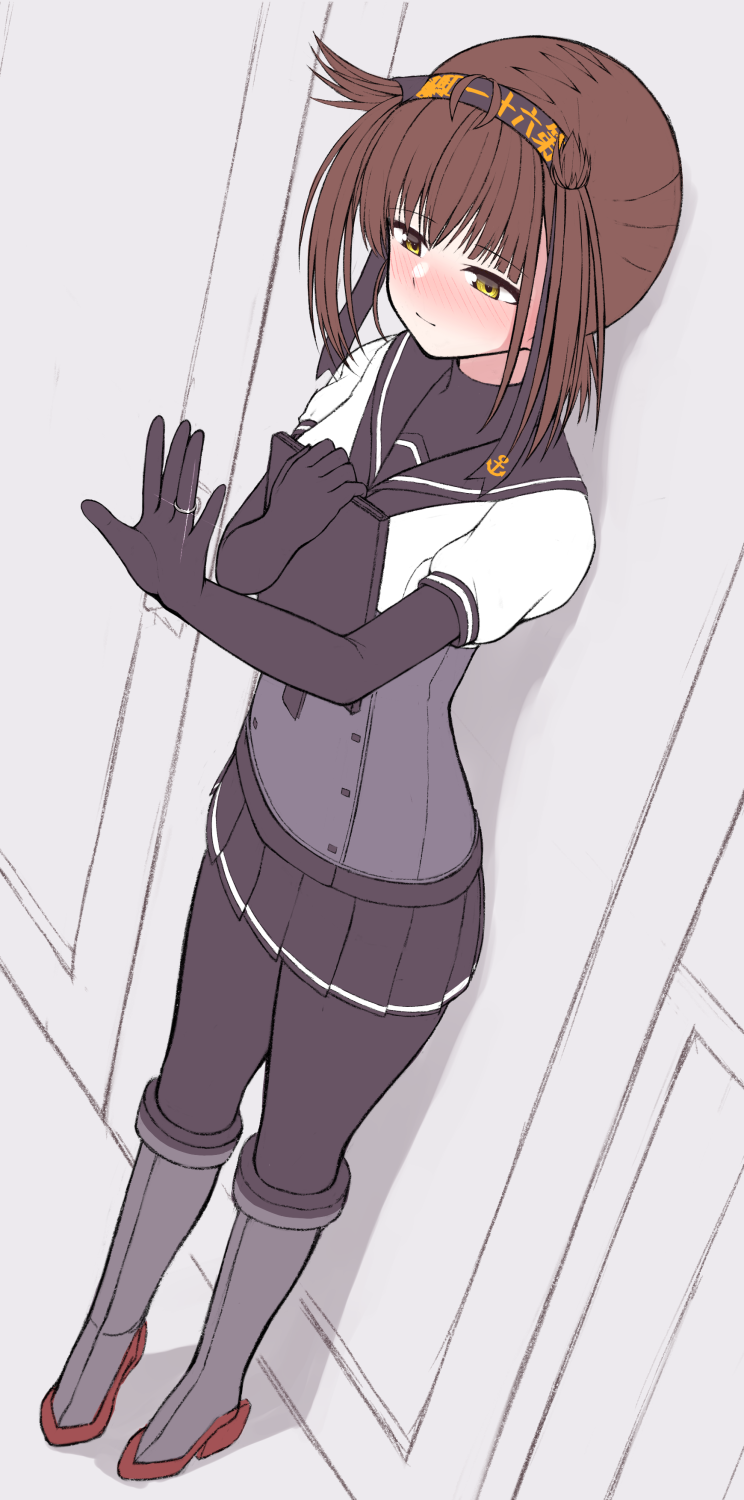 tiemu (man190), hatsuzuki (kancolle), kantai collection, commentary request, highres, 1girl, anchor symbol, black bodysuit, black neckerchief, black sailor collar, black skirt, blush, bodysuit, boots, breasts, brown hair, corset, door, door handle, grey boots, hachimaki, headband, jewelry, knee boots, looking at hand, medium breasts, neckerchief, pleated skirt, ring, rudder footwear, sailor collar, school uniform, serafuku, shirt, short hair, short sleeves, sidelocks, skirt, solo, wedding ring, white shirt, yellow eyes