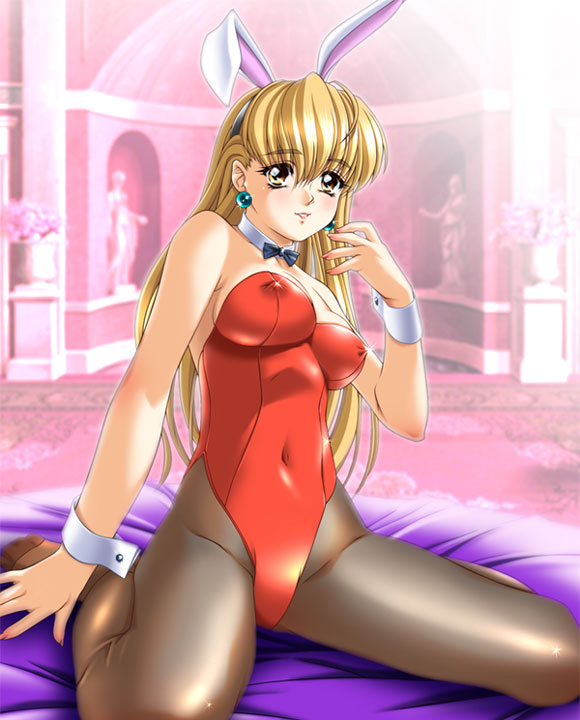 animal ears, bed, blush, breasts, cleavage, pantyhose, playboy bunny, sitting, smile