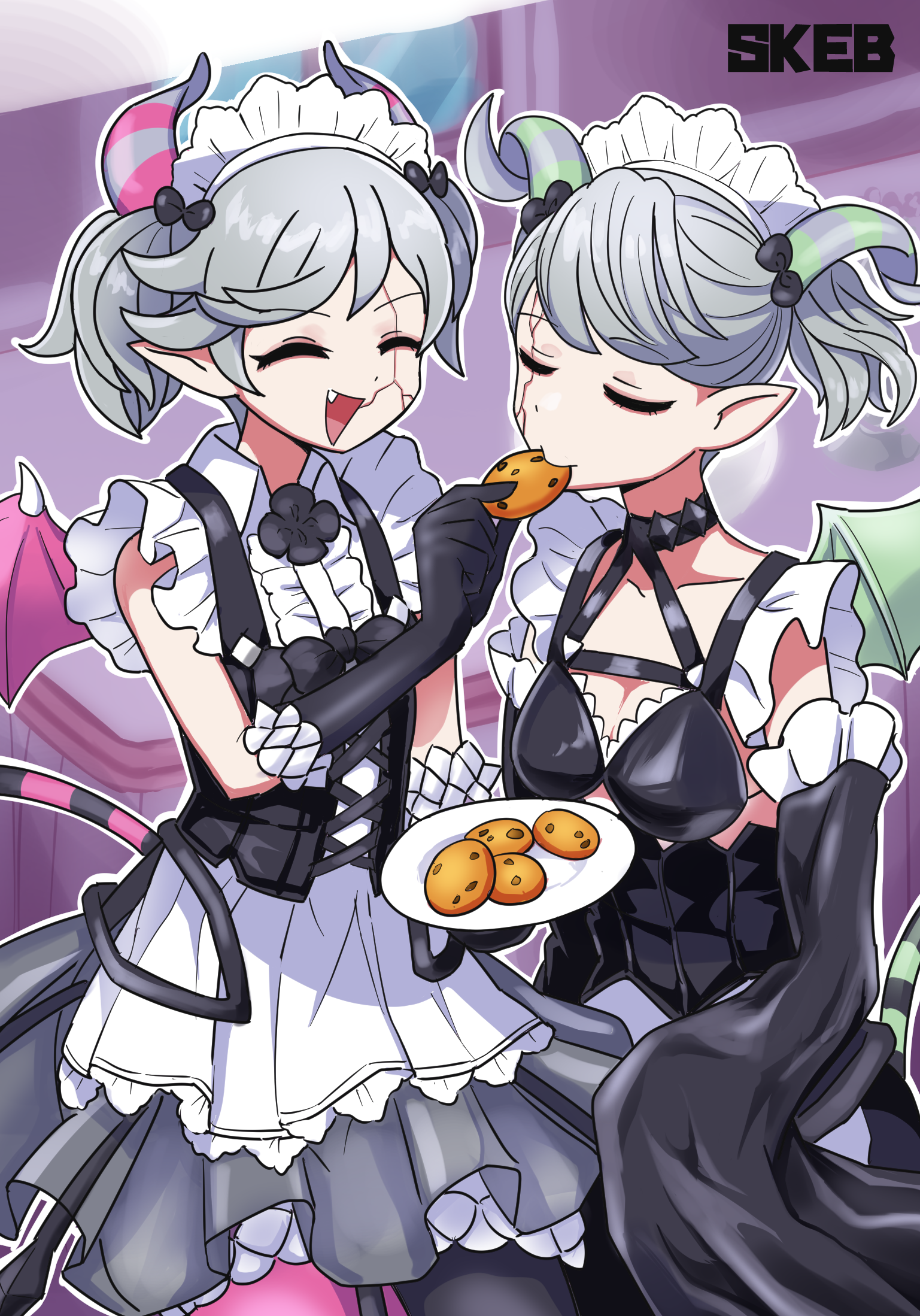 wadatsumi (sense11531153), arianna the labrynth servant, arianne the labrynth servant, yu-gi-oh!, highres, 2girls, apron, black choker, black dress, black gloves, breasts, chocolate chip cookie, choker, cleavage, closed eyes, closed mouth, collarbone, cookie, demon girl, demon horns, demon tail, demon wings, detached sleeves, dress, duel monster, food, gloves, grey hair, holding, holding food, holding plate, horns, long hair, long sleeves, maid apron, maid headdress, medium breasts, multiple girls, plate, pointy ears, sleeveless, sleeveless dress, sleeves past wrists, tail, wings