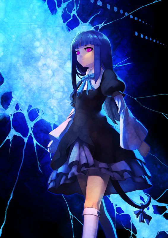 kunieda, frederica bernkastel, umineko no naku koro ni, 00s, 1girl, blue theme, dress, female focus, glowing, glowing eyes, kneehighs, pink eyes, serious, socks, solo, tail, wide sleeves