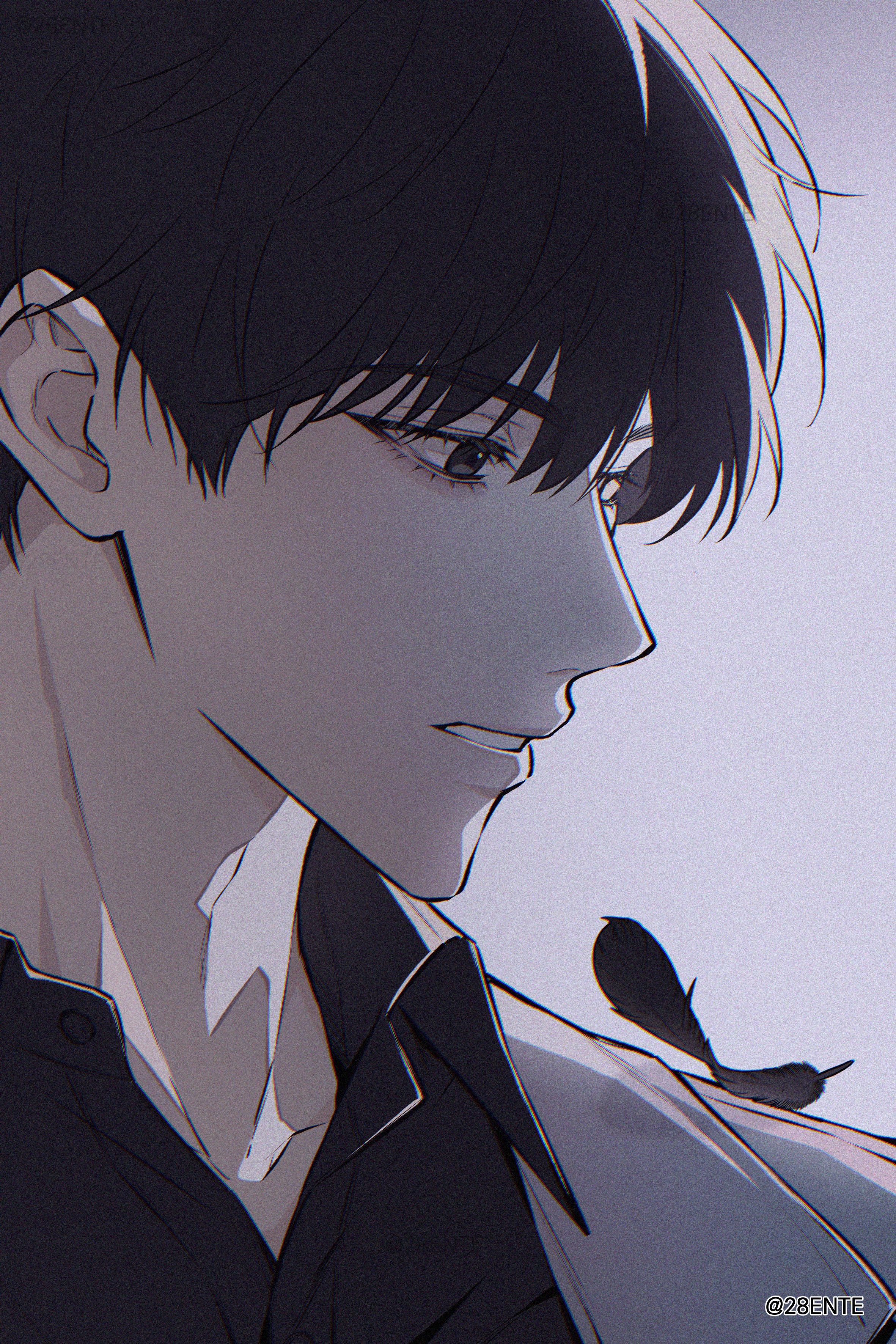kim dokja, omniscient reader's viewpoint, absurdres, highres, 1boy, 28ente, aegyo sal, black eyes, black feathers, black hair, black shirt, coat, collared shirt, falling feathers, feathers, male focus, parted lips, portrait, shirt, short hair, solo, white coat