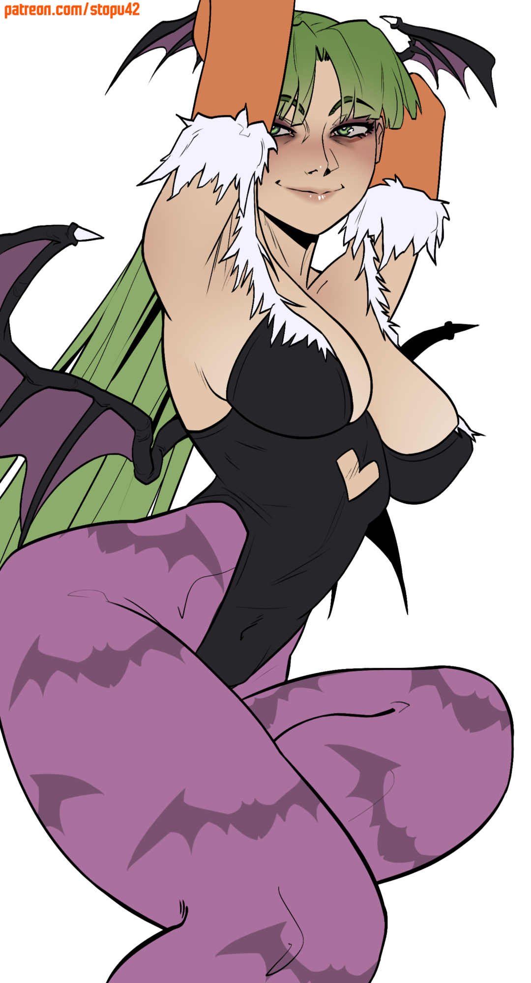stopu, morrigan aensland, darkstalkers, highres, 1girl, animal print, arms behind head, bare shoulders, bat print, bat wings, black leotard, breasts, closed mouth, clothing cutout, covered navel, cutout above navel, detached sleeves, eyelashes, feet out of frame, fur-trimmed sleeves, fur trim, green eyes, green hair, hair wings, half-closed eyes, large breasts, leotard, lips, long hair, long sleeves, looking at viewer, nose, orange sleeves, pantyhose, patreon username, purple pantyhose, simple background, smile, solo, thick thighs, thighs, very long hair, white background, wings