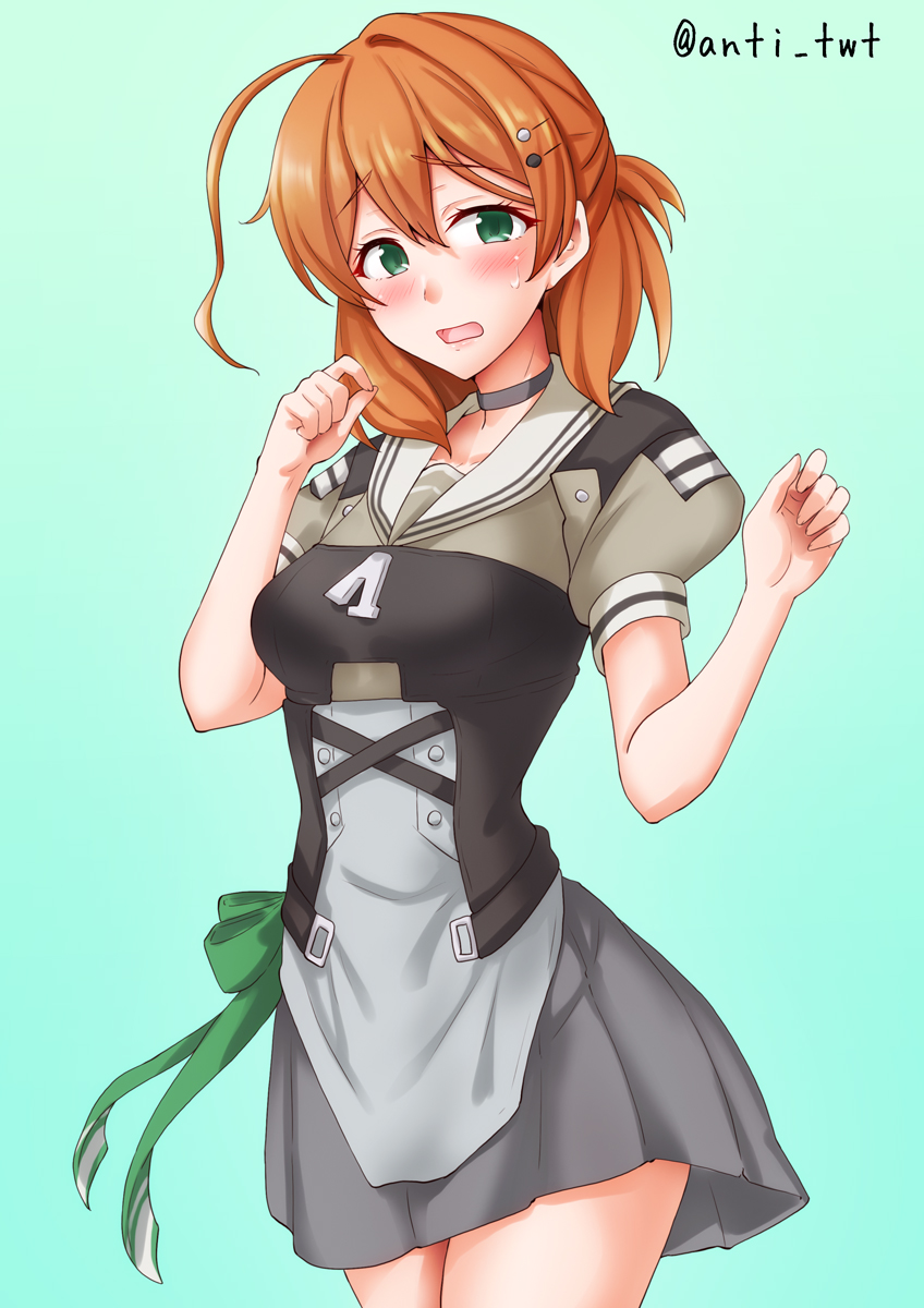 anti (untea9), kaya (kancolle), kantai collection, highres, 1girl, ahoge, apron, aqua background, black choker, choker, corset, green eyes, grey apron, grey shirt, grey skirt, hair ornament, hairclip, huge ahoge, one-hour drawing challenge, orange hair, pleated skirt, puffy short sleeves, puffy sleeves, sailor collar, sailor shirt, school uniform, serafuku, shirt, short hair, short sleeves, skirt, solo, twitter username, white sailor collar, zipper pull tab