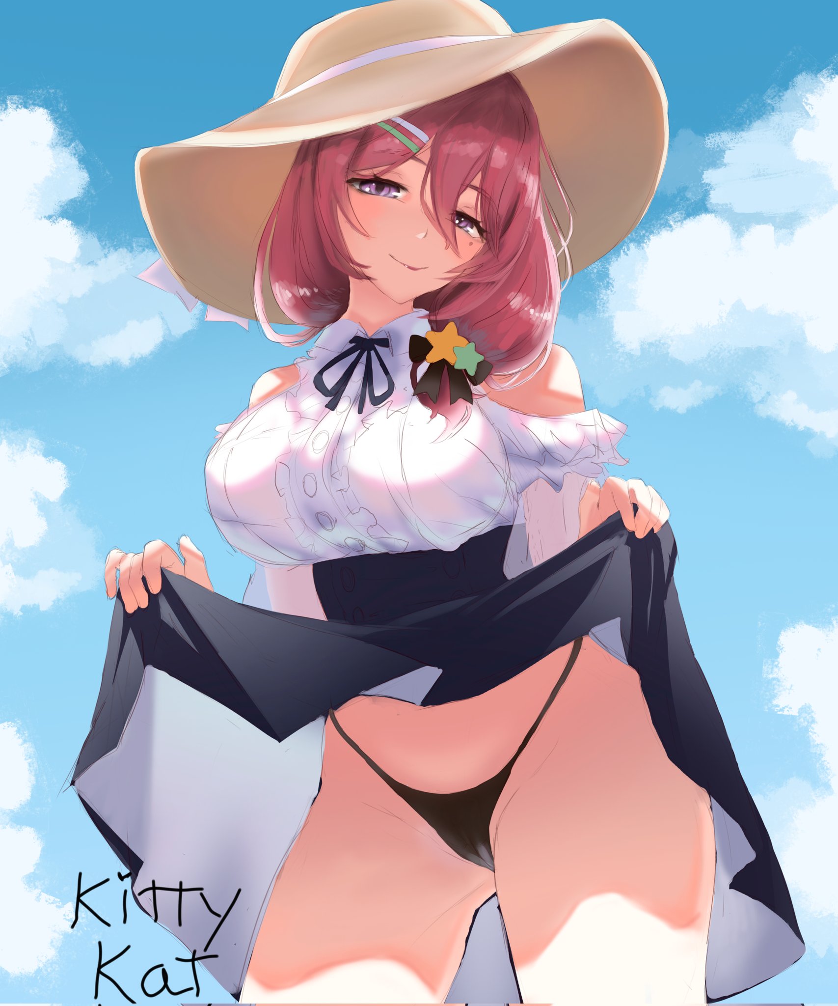 azur lane, commentary, english commentary, highres, 1girl, artist name, black panties, blue sky, breasts, cameltoe, center frills, closed mouth, clothes lift, cloud, dress, dress lift, frills, hair ornament, hairclip, hat, kittykat art, large breasts, medium hair, mole, mole under eye, outdoors, panties, patrick (azur lane), pink hair, purple eyes, signature, sky, smile, solo, sun hat, thong, underwear