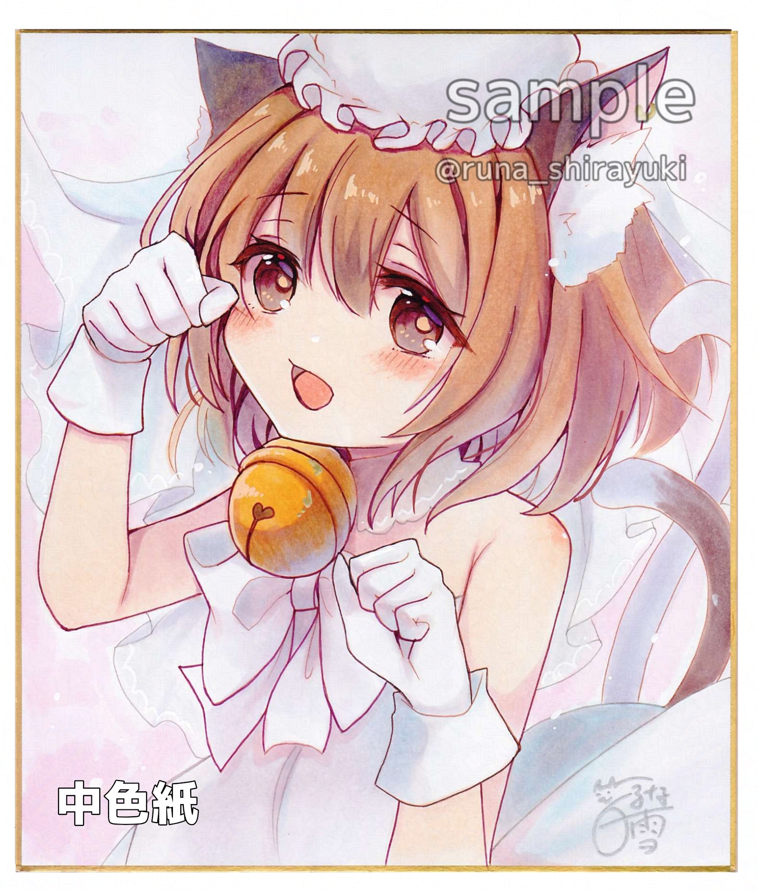 shirayuki runa, chen, touhou, commentary request, highres, marker (medium), traditional media, 1girl, :d, alternate costume, animal ear fluff, animal ears, bare arms, bare shoulders, bell, blush, bow, bowtie, bright pupils, brown eyes, brown hair, cat ears, cat tail, dress, frills, gloves, hair between eyes, hat, jingle bell, mob cap, multiple tails, nekomata, open mouth, paw pose, shikishi, short hair, signature, smile, solo, tail, tareme, two tails, wedding dress, white bow, white bowtie, white gloves, white hat