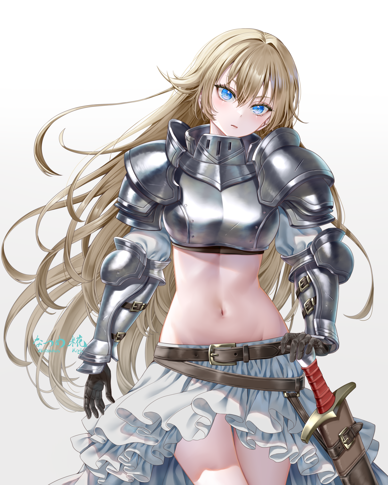 natsume koji, original, commentary request, highres, 1girl, armor, belt, black gloves, blonde hair, blue eyes, breastplate, breasts, closed mouth, cowboy shot, crop top, gloves, head tilt, long hair, looking at viewer, medium breasts, midriff, navel, pauldrons, sheath, sheathed, shirt, shoulder armor, simple background, skirt, solo, stomach, sword, undershirt, vambraces, very long hair, weapon, white background, white shirt, white skirt