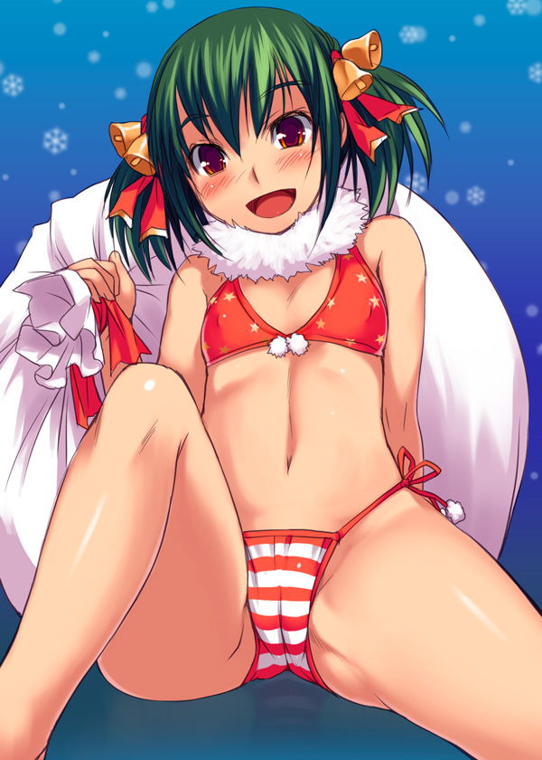 bosshi, yu (bosshi), original, 1girl, :d, bell, bikini, blush, cameltoe, christmas, fat mons, female focus, flat chest, green hair, hair bell, hair ornament, head tilt, loli, navel, open mouth, red bikini, red eyes, sack, santa bikini, santa costume, short hair, side-tie bikini bottom, sitting, smile, snowflakes, solo, swimsuit, twintails