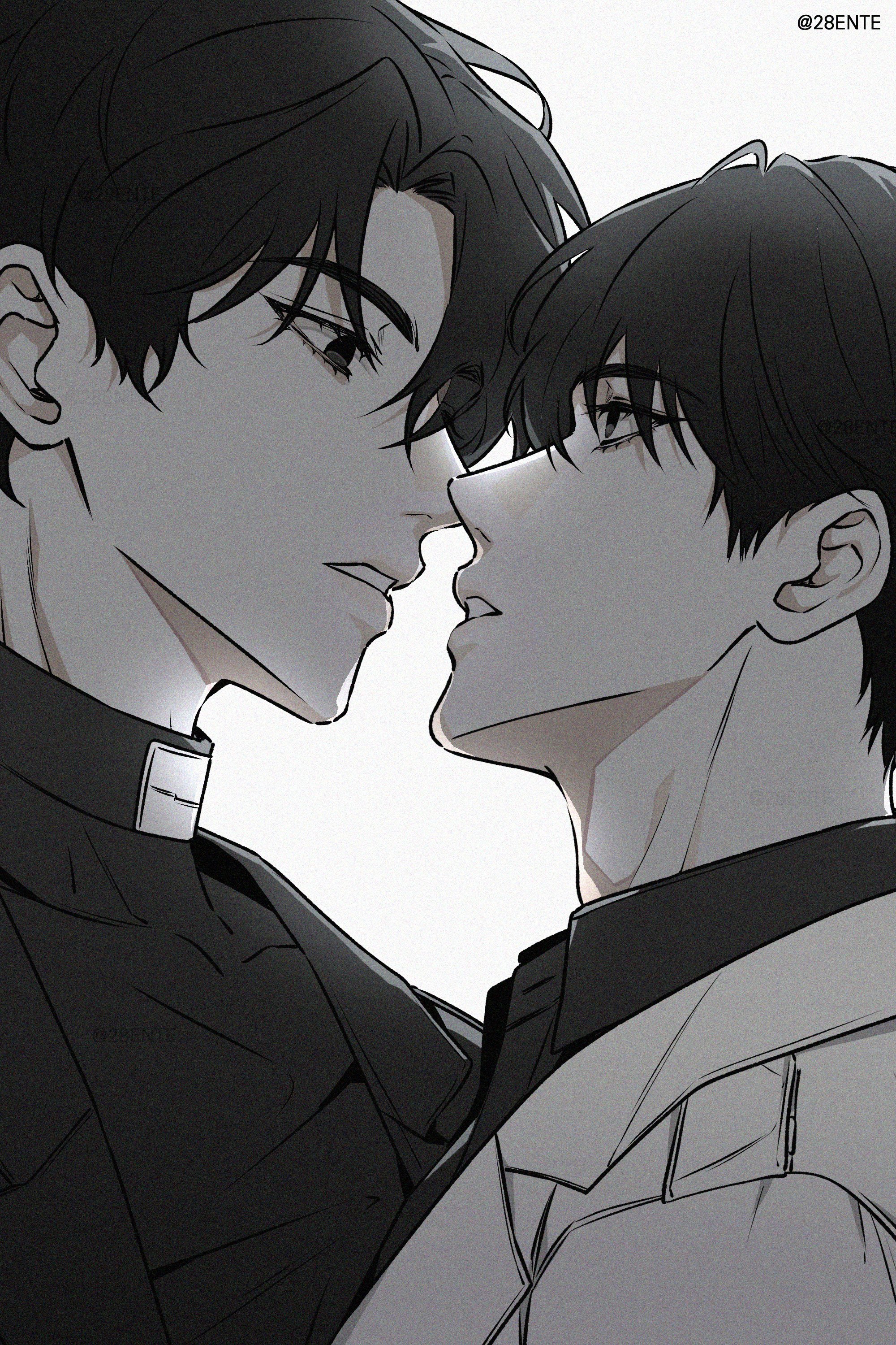 kim dokja, yoo joonghyuk, omniscient reader's viewpoint, absurdres, highres, 28ente, 2boys, black coat, black eyes, black hair, black shirt, close-up, coat, imminent kiss, looking at another, multiple boys, parted lips, portrait, shirt, short hair, white coat, yaoi
