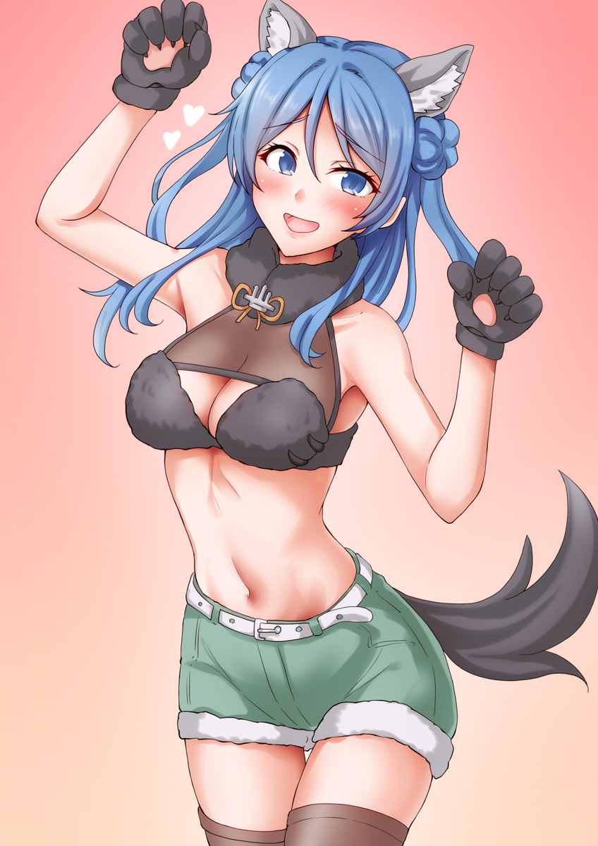 anti (untea9), chougei (halloween) (kancolle), chougei (kancolle), urakaze (kancolle), kantai collection, commentary request, highres, 1girl, animal collar, animal ears, animal hands, belt, black bra, blue eyes, bra, breasts, brown thighhighs, chougei (kancolle) (cosplay), cleavage, collar, cosplay, denim, denim shorts, double bun, fur-trimmed shorts, fur trim, gloves, grey shorts, hair bun, halloween costume, long hair, medium breasts, paw gloves, shorts, smile, solo, tail, thighhighs, underwear, white belt, wolf ears, wolf tail