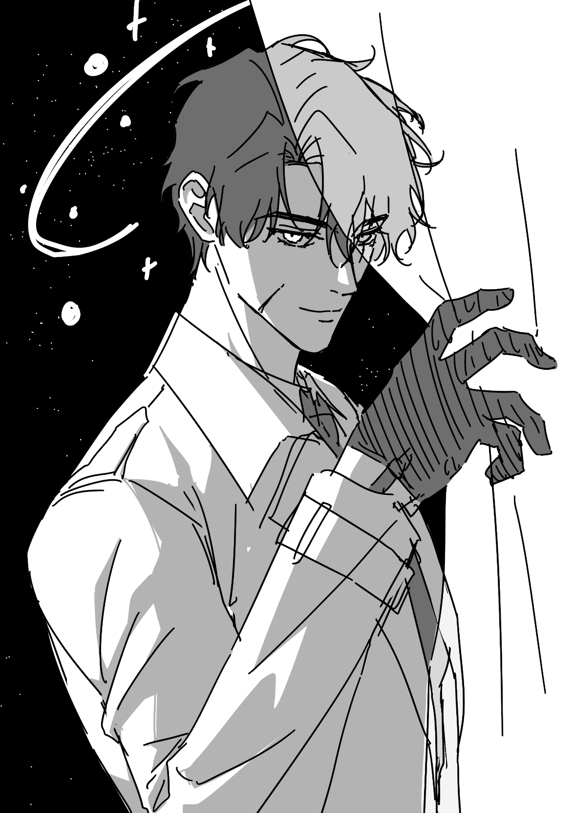 secretive plotter, omniscient reader's viewpoint, highres, 1boy, 28ente, black gloves, black hair, black necktie, coat, collared shirt, curtain grab, curtained hair, curtains, gloves, glowing, glowing eye, halo, looking at viewer, male focus, necktie, night, night sky, planet, revealing layer, scar, scar across eye, scar on face, see-through curtains, shirt, short hair, sky, smirk, solo, star (sky), starry sky, white coat