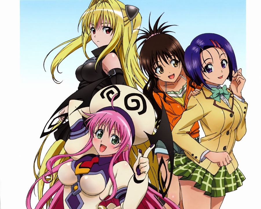 konjiki no yami, lala satalin deviluke, peke (to love-ru), sairenji haruna, yuuki mikan, to love-ru, non-web source, 00s, 4girls, ahoge, blonde hair, blush, bodysuit, breasts, brown eyes, brown hair, demon tail, detached sleeves, female focus, green eyes, hair ornament, hairclip, hat, head wings, large breasts, leotard, long hair, looking back, multiple girls, open mouth, pink hair, plaid clothes, plaid skirt, pointing, purple eyes, purple hair, red eyes, school uniform, short hair, shorts, simple background, skirt, smile, tail, very long hair, wings, yellow eyes