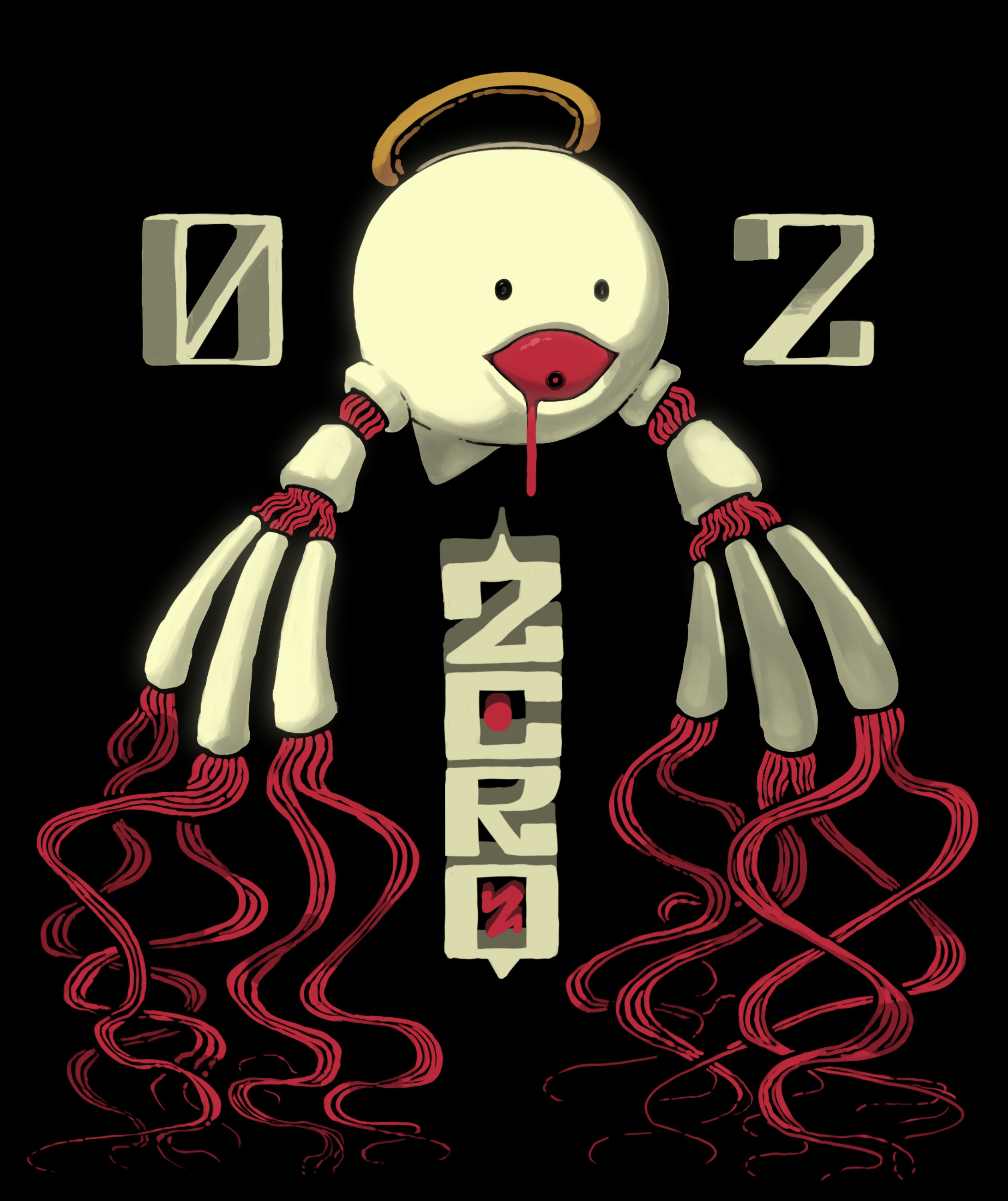 zals, zero two (kirby), kirby (series), kirby 64, nintendo, absurdres, highres, black background, blood, bloody tears, character name, colored sclera, cyclops, full body, halo, monster, one-eyed, red sclera, tentacles