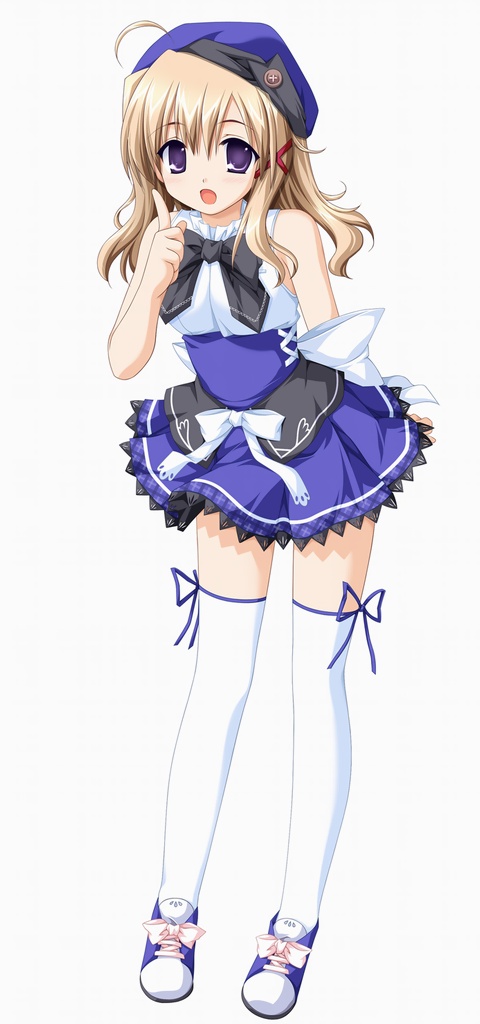 alpha (yukai na nakamatachi), komatsu asuka, konboku mahjong, non-web source, 1girl, brown hair, dress, female focus, full body, hat, long hair, open mouth, purple eyes, simple background, solo, thighhighs, white background