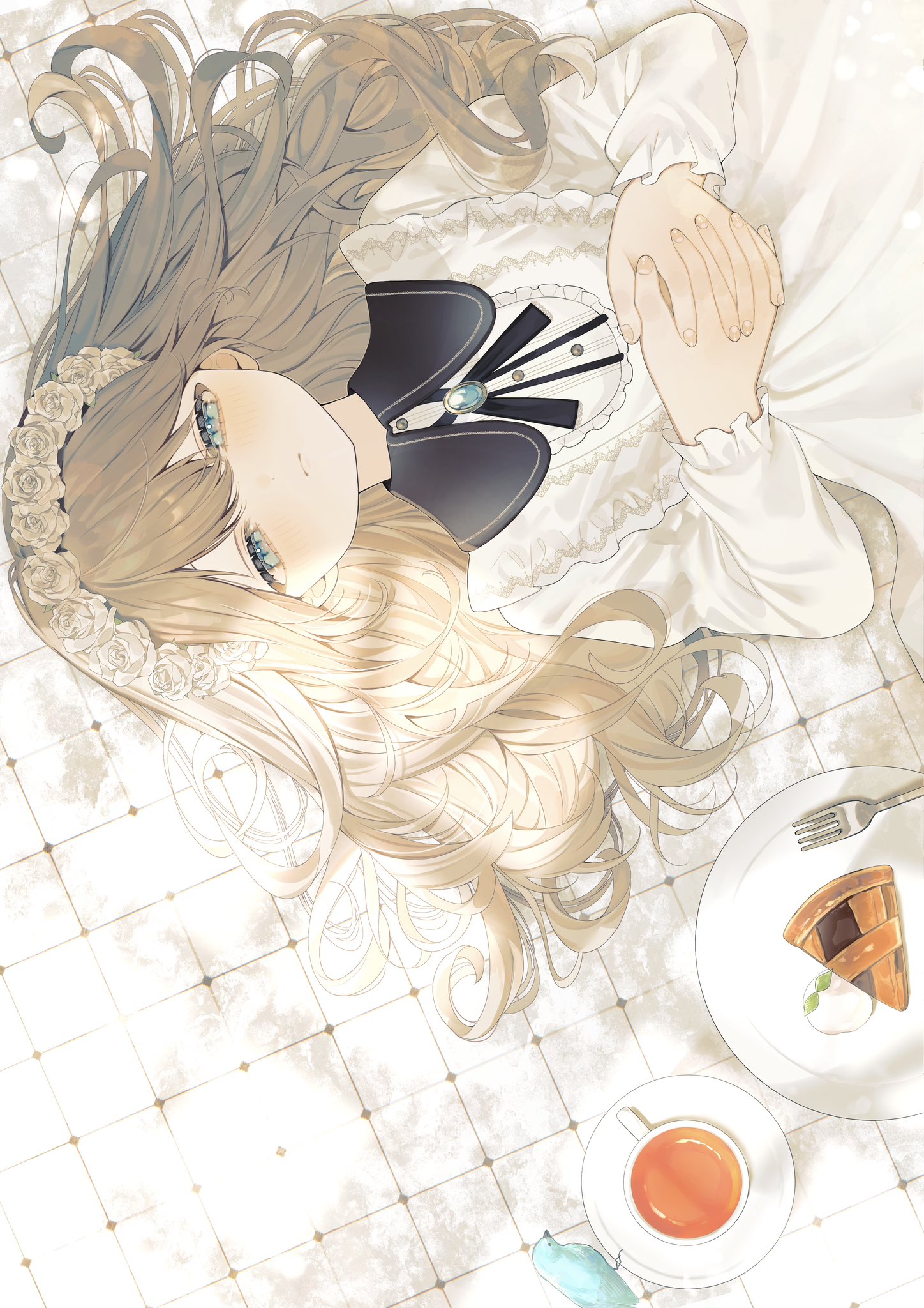 melt nem, original, commentary, highres, symbol-only commentary, 1girl, bib collar, bird, black ribbon, blonde hair, blue bird, blue eyes, blush, brooch, closed mouth, collar, contrast collar, cup, dappled sunlight, dot nose, dress, eyelashes, fingernails, flower, flower wreath, food, fork, frilled collar, frilled dress, frills, half-closed eyes, hands on own chest, head wreath, jewelry, long hair, long sleeves, lying, neck ribbon, on back, on ground, own hands clasped, own hands together, pie, pie slice, plate, ribbon, rose, round collar, saucer, shade, sideways, solo, sunlight, tea, teacup, upper body, white dress, white flower, white rose