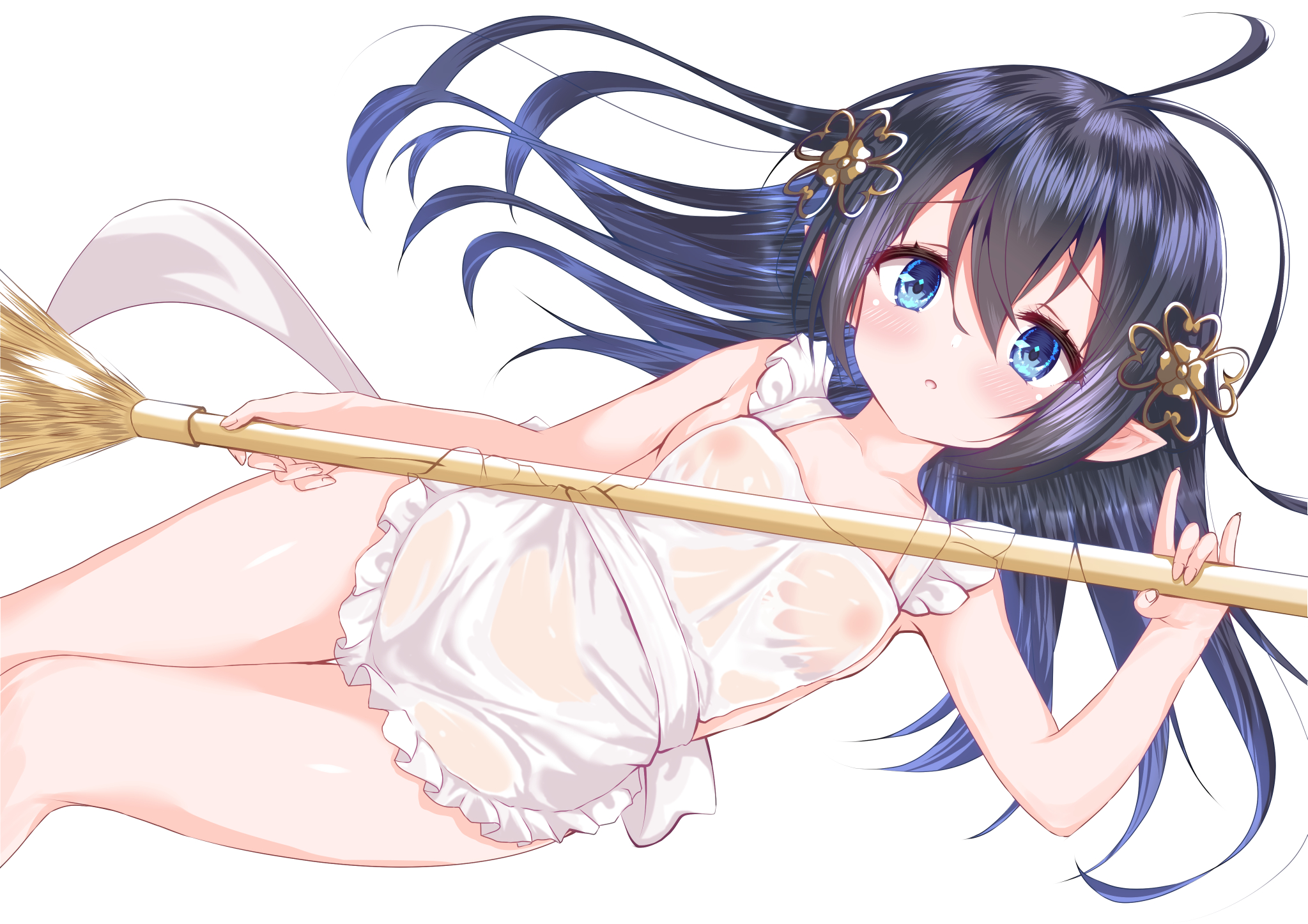 wanko meria, twinkle star knights, commentary request, highres, 1girl, n/, antenna hair, apron, bare arms, blue eyes, blue hair, breasts, broom, clover hair ornament, covered erect nipples, cowboy shot, double-parted bangs, dutch angle, floating hair, four-leaf clover hair ornament, frilled apron, frills, furrowed brow, hair between eyes, hair ornament, head tilt, holding, holding broom, leaning to the side, long hair, naked apron, parted lips, pointy ears, sachi (twinkle star knights), see-through clothes, shiny skin, simple background, small breasts, solo, tareme, thigh gap, two-handed, wet, wet apron, wet clothes, white apron, white background