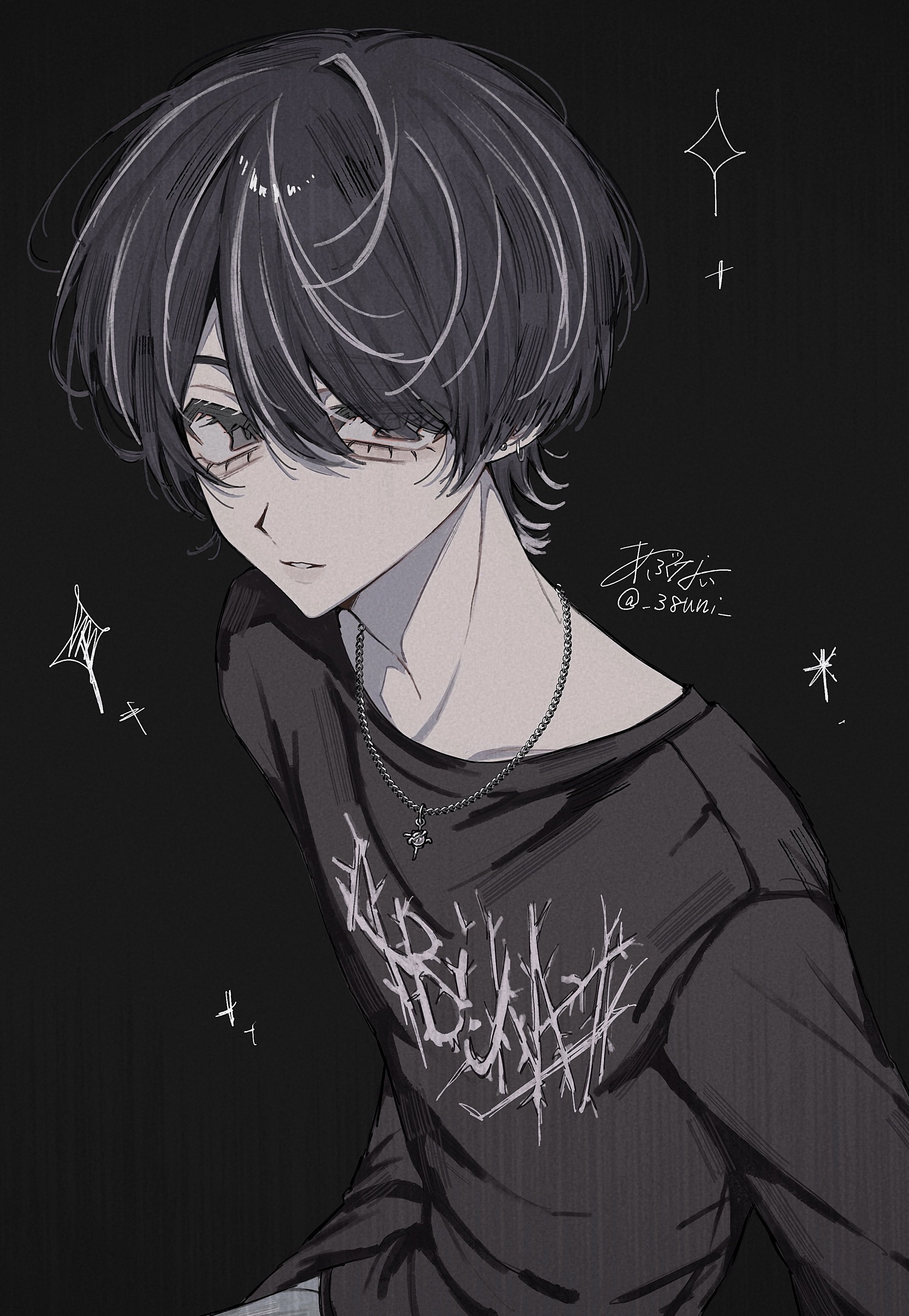 original, absurdres, highres, 1boy, 38uii, black hair, black shirt, drawn sparkle, grey eyes, jewelry, male focus, multicolored hair, necklace, pale skin, shirt, short hair, signature, simple background, solo, sparkle, streaked hair, two-tone hair, white hair