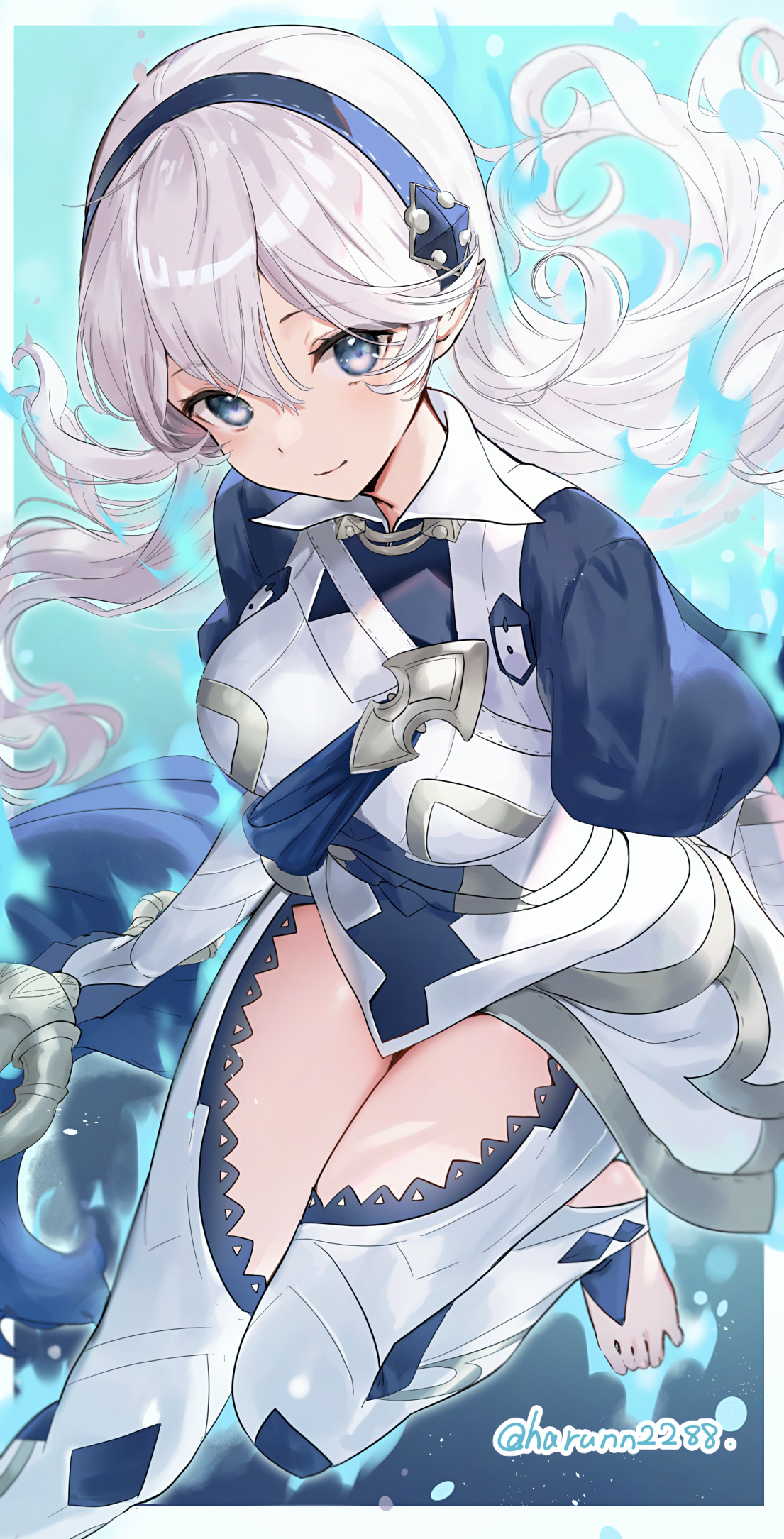 haru (nakajou-28), female corrin (emblem) (fire emblem), female corrin (fire emblem), fire emblem, fire emblem engage, fire emblem fates, fire emblem heroes, nintendo, highres, 1girl, armor, armored leotard, aura, black gloves, black hairband, blue aura, blue cape, blue eyes, blush, breasts, cape, closed mouth, gloves, grey hair, hair between eyes, hairband, holding, holding sword, holding weapon, large breasts, leotard, long hair, looking at viewer, pointy ears, red eyes, smile, solo, sword, thighs, weapon, yato (fire emblem)