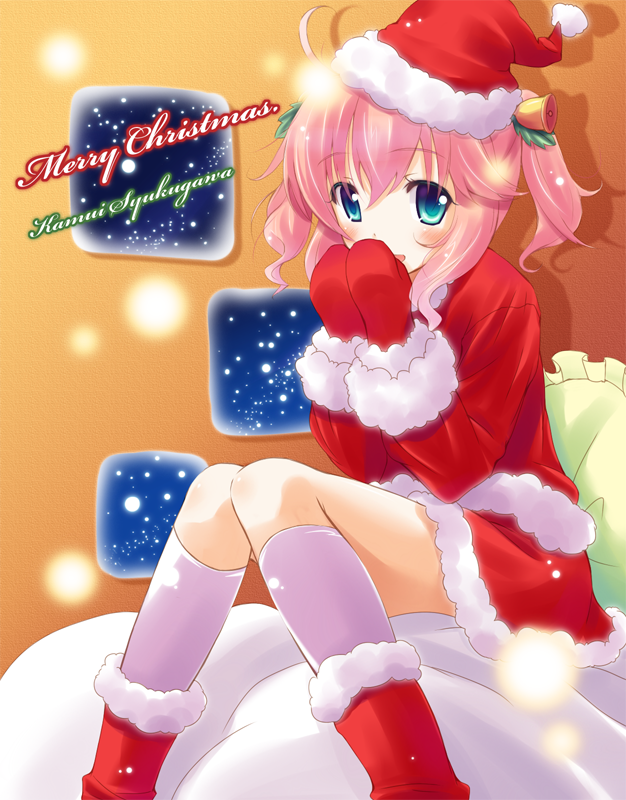 komone ushio, bad id, bad pixiv id, 1girl, bell, blue eyes, blush, boots, christmas, covering own mouth, female focus, hair bell, hair ornament, hat, kneehighs, mittens, pink hair, red mittens, santa costume, santa hat, sitting, snowing, socks, solo, twintails, white socks