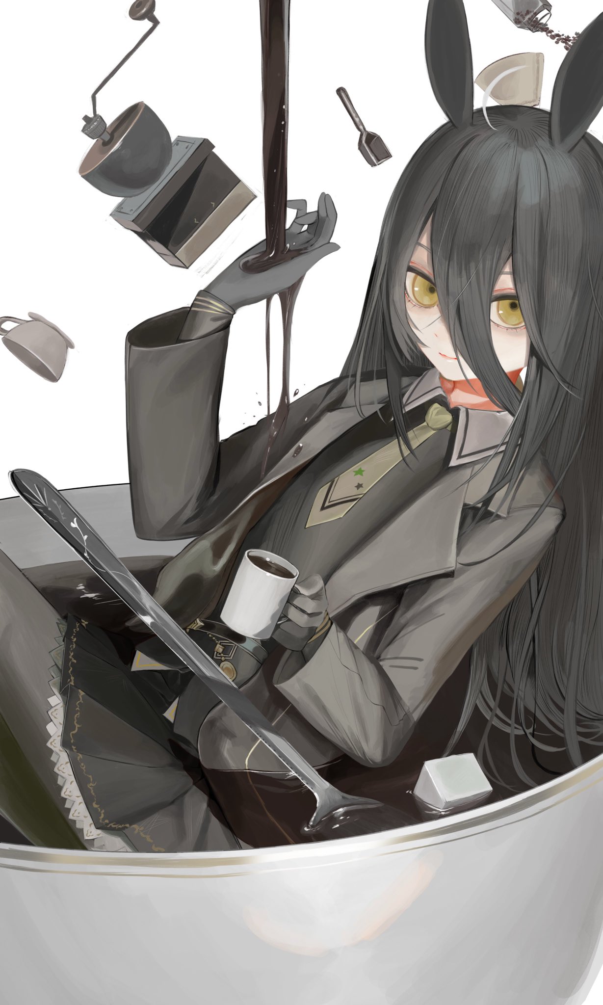 basasyu, manhattan cafe (umamusume), umamusume, highres, 1girl, ahoge, animal ears, black coat, black gloves, black skirt, black vest, closed mouth, coat, coffee, coffee filter, coffee grinder, coffee mug, collared shirt, cup, food on hand, gloves, hair between eyes, hand up, hem peeking out, holding, holding cup, horse ears, horse girl, jar, long bangs, long hair between eyes, long sleeves, looking at viewer, measuring spoon, mug, multicolored hair, necktie, open clothes, open coat, oversized object, oversized spoon, partially submerged, plate, pleated skirt, shirt, skirt, smile, solo, spill, spoon, sugar cube, vest, white hair, white shirt, white trim, yellow eyes, yellow necktie