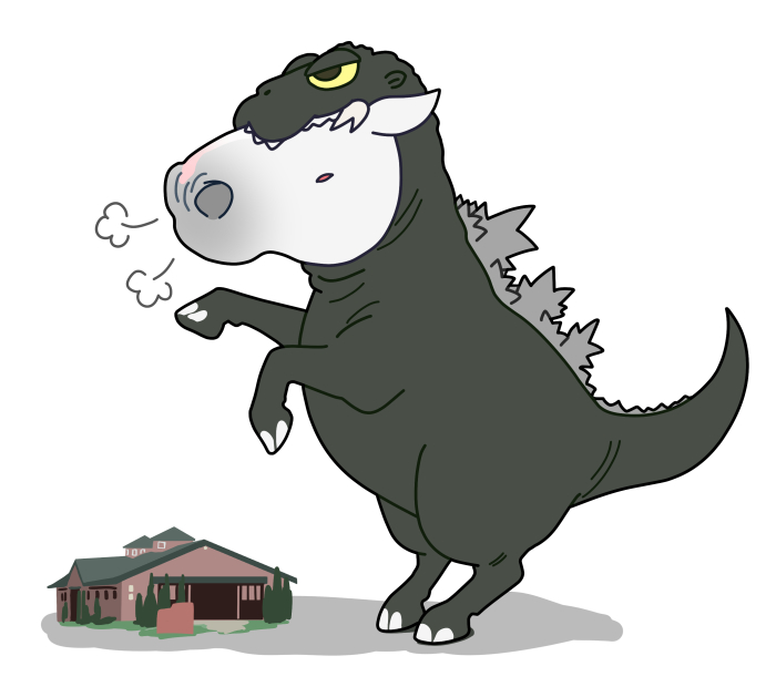 kanikama2gou, godzilla, godzilla (series), real life, toho, commentary request, animal, cosplay, godzilla (cosplay), horse, lani (racehorse), no humans, oversized animal, shadow, simple background, visible air, white background