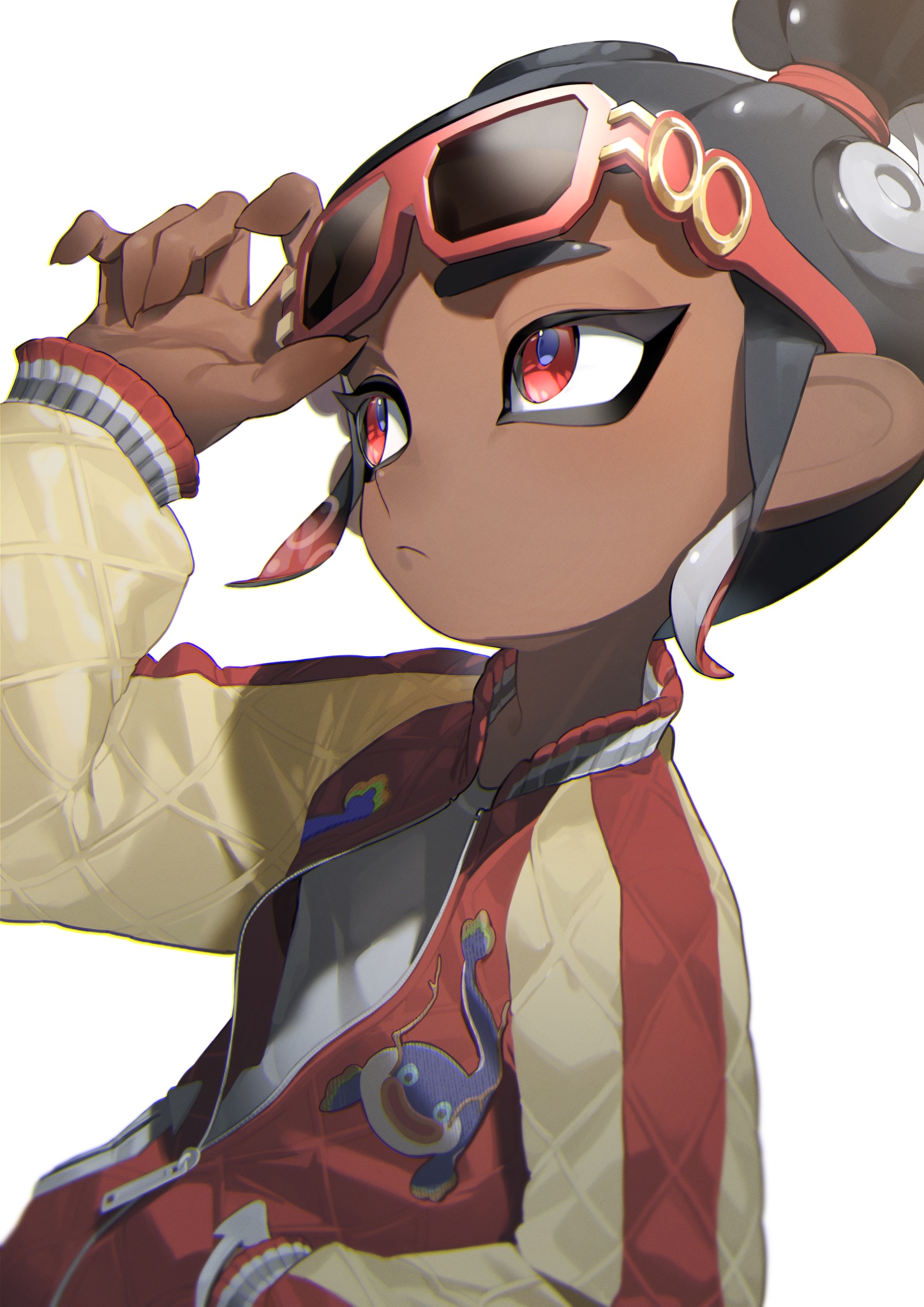 yashio 8, octoling boy, octoling player character, nintendo, splatoon (series), commentary request, highres, 1boy, adjusting eyewear, black hair, blue pupils, closed mouth, dark-skinned female, dark skin, eyewear on head, fingernails, gradient hair, jacket, long sleeves, male focus, multicolored hair, octoling, partially unzipped, ponytail, red-framed eyewear, red eyes, red hair, red jacket, sharp fingernails, shirt, short hair, short ponytail, simple background, solo, striped clothes, striped jacket, sunglasses, tentacle hair, white background, white shirt, yellow jacket, zipper pull tab