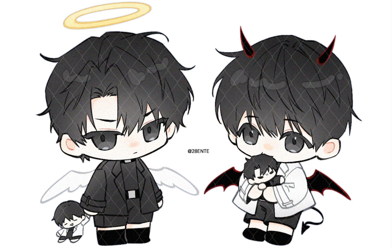 kim dokja, yoo joonghyuk, omniscient reader's viewpoint, 28ente, 2boys, angel and devil, black eyes, black hair, black shirt, black shorts, black socks, black wings, character doll, chibi, chibi only, demon horns, doll, full body, halo, holding, holding doll, horns, hugging object, looking at viewer, male focus, multiple boys, official alternate costume, raised eyebrow, shirt, short hair, shorts, smile, socks, standing, white wings, wings