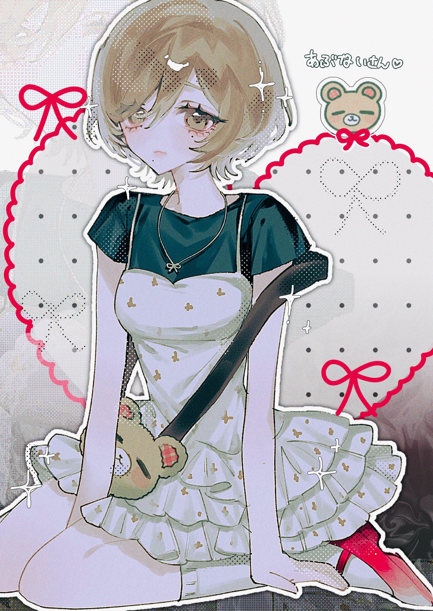 original, highres, 1girl, 38uii, breasts, brown eyes, brown hair, closed mouth, dress, eyelashes, frilled dress, frills, heart, heart background, outline, red shoes, shoes, short sleeves, sitting, small breasts, socks, solo, sparkle, sticker, wariza, white outline, white socks