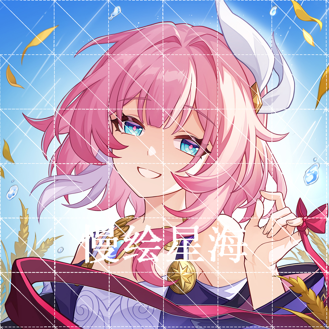 manhuixinghai, cyrene (honkai: star rail), honkai: star rail, honkai (series), highres, 1girl, bare shoulders, blue eyes, blue sky, breasts, coat, cyrene (aedes elysiae) (honkai: star rail), dress, falling leaves, grid background, hair ornament, jewelry, leaf, looking at viewer, multicolored hair, necklace, pink hair, purple coat, short hair, sky, small breasts, smile, solo, two-tone hair, upper body, white dress, white hair