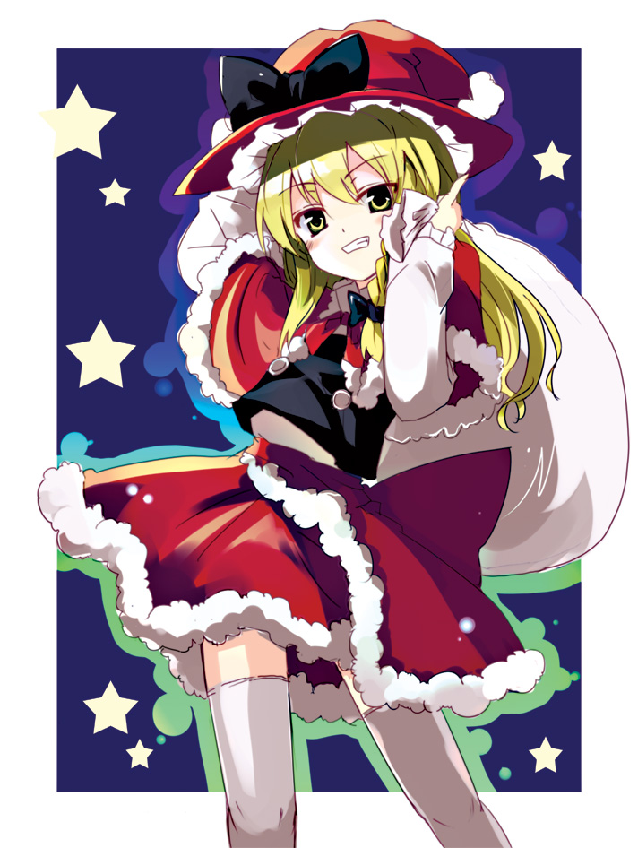 gotyou, kirisame marisa, touhou, bad id, bad pixiv id, 1girl, blonde hair, christmas, female focus, hat, santa costume, skirt, solo, thighhighs, yellow eyes