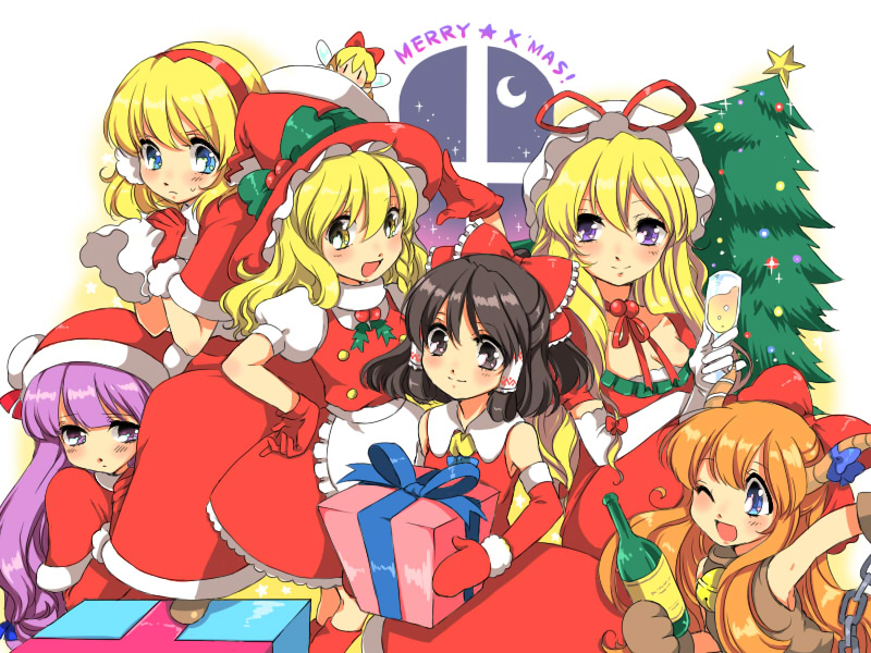 chigo, alice margatroid, hakurei reimu, ibuki suika, kirisame marisa, patchouli knowledge, shanghai doll, yakumo yukari, touhou, 6+girls, christmas, dress, female focus, gloves, hat, indoors, multiple girls, plant, santa costume, sky