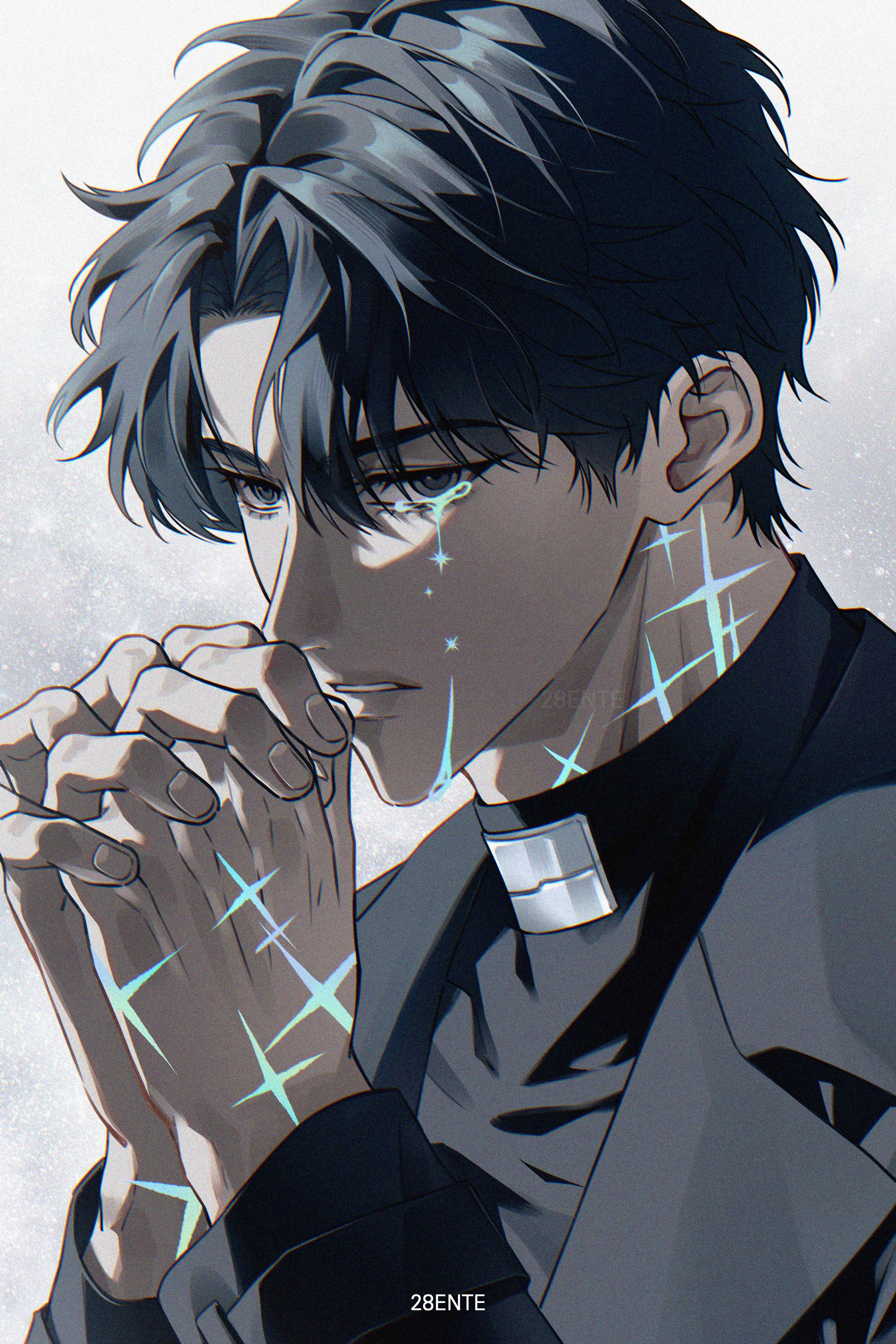 yoo joonghyuk, omniscient reader's viewpoint, absurdres, highres, 1boy, 28ente, black coat, black eyes, black hair, black shirt, coat, crew neck, crying, crying with eyes open, glowing tears, hands up, looking at viewer, male focus, own hands clasped, own hands together, parted lips, praying, shirt, short hair, solo, sparkle, tears