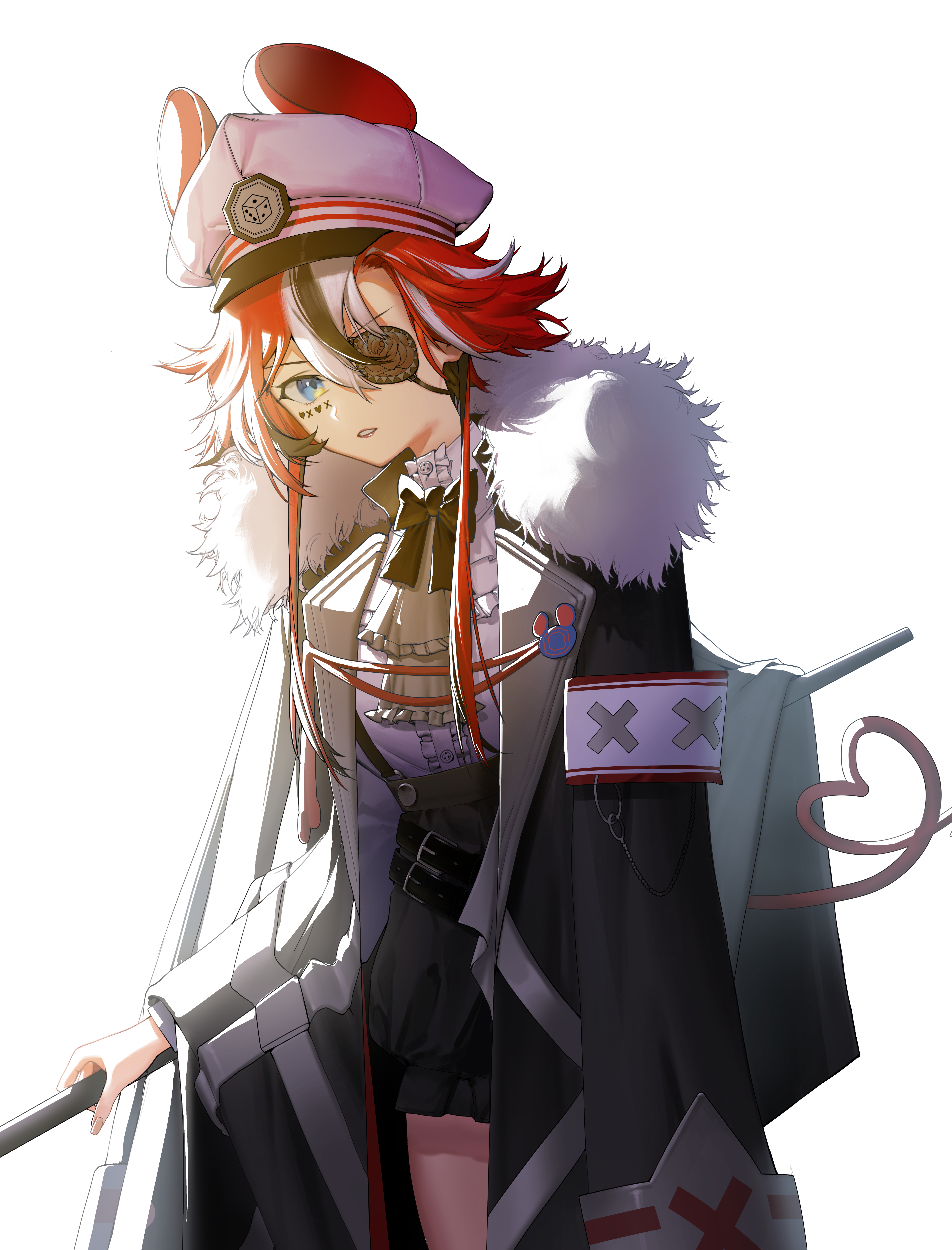 hachiman (rogeri39), hakos baelz, hakos baelz (steel rose), hololive, hololive english, absurdres, commentary, highres, 1girl, animal ears, ascot, black bow, black bowtie, black coat, black skirt, blue eyes, bow, bowtie, coat, cowboy shot, eyepatch, facial mark, fur-trimmed coat, fur trim, grey ascot, hat, heart, heart tail, holding, long bangs, long sleeves, looking at viewer, mouse ears, mouse girl, mouse tail, multicolored hair, official alternate costume, official alternate hairstyle, one eye covered, parted lips, peaked cap, red hair, shirt, short hair with long locks, simple background, skirt, solo, streaked hair, tail, virtual youtuber, white background, white hat, white shirt, white streaks