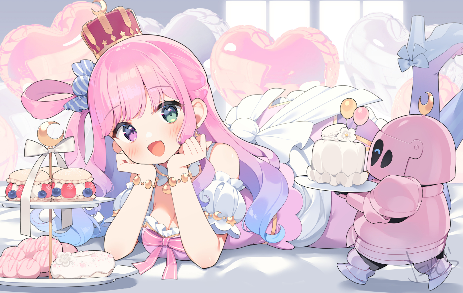 nyasunyadoora, himemori luna, himemori luna (1st costume), luknight (himemori luna), hololive, commentary, english commentary, 1girl, :d, ahoge, back bow, balloon, blue shoes, bow, breasts, cake, candy hair ornament, cleavage, crescent, crescent earrings, crescent necklace, crown, detached collar, donut, dress, earrings, feet up, food, food-themed hair ornament, frilled dress, frills, gradient hair, green eyes, hair ornament, hair rings, heart balloon, heterochromia, high heels, indoors, jewelry, large bow, long hair, looking at viewer, lying, macaron, medium breasts, multicolored hair, necklace, off-shoulder dress, off shoulder, on bed, on stomach, one side up, open mouth, pink dress, pink hair, pon de ring, puffy short sleeves, puffy sleeves, purple eyes, purple hair, purple thighhighs, shoes, short sleeves, single hair ring, smile, solo, the pose, thighhighs, virtual youtuber