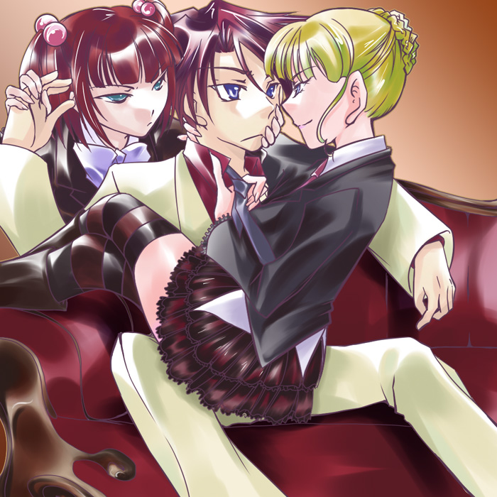 kyouya, beatrice (umineko), ushiromiya ange, ushiromiya battler, umineko no naku koro ni, lap, 00s, 1boy, 2girls, blonde hair, blue eyes, blunt bangs, bow, brother and sister, formal clothes, hair bobbles, hair bun, hair ornament, jacket, multiple girls, necktie, red hair, siblings, single hair bun, skirt, suit, thighhighs