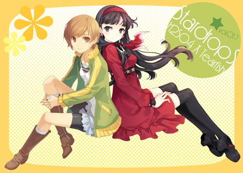 h2so4, tearfish, amagi yukiko, satonaka chie, atlus, persona, persona 4, white legwear, lowres, 2girls, ascot, back-to-back, bike shorts, black hair, black socks, blouse, blush, boots, brown eyes, brown hair, dress, earrings, full body, hairband, interlocked fingers, invisible chair, jacket, jewelry, kneehighs, long hair, miniskirt, multiple girls, necklace, outside border, own hands together, shirt, short hair, sitting, skirt, socks, striped clothes, striped shirt, swept bangs, thighhighs, white shirt, zettai ryouiki