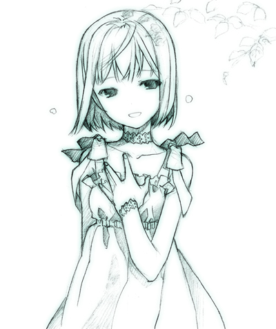 h2so4, lowres, 1girl, aqua theme, choker, dress, female focus, monochrome, petals, solo, sundress