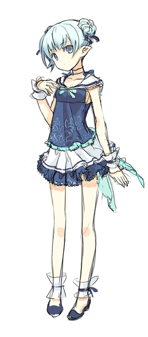 h2so4, original, blue eyes, blue hair, bow, donut hair bun, double bun, hair bun, legs, pointy ears, sailor collar, sketch, skirt, solo