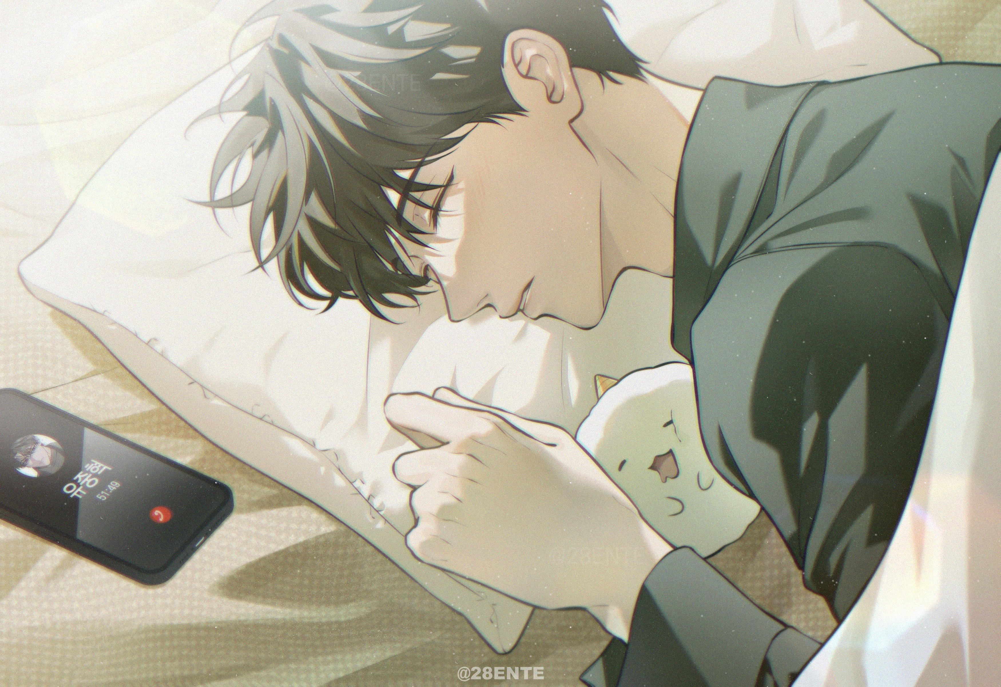 biyoo (omniscient reader's viewpoint), kim dokja, yoo joonghyuk, omniscient reader's viewpoint, absurdres, highres, 1boy, 28ente, black hair, black shirt, calling, close-up, closed eyes, head on pillow, lens flare, lying, male focus, morning, on bed, on stomach, phone, pillow, shirt, short hair, sleeping, under covers