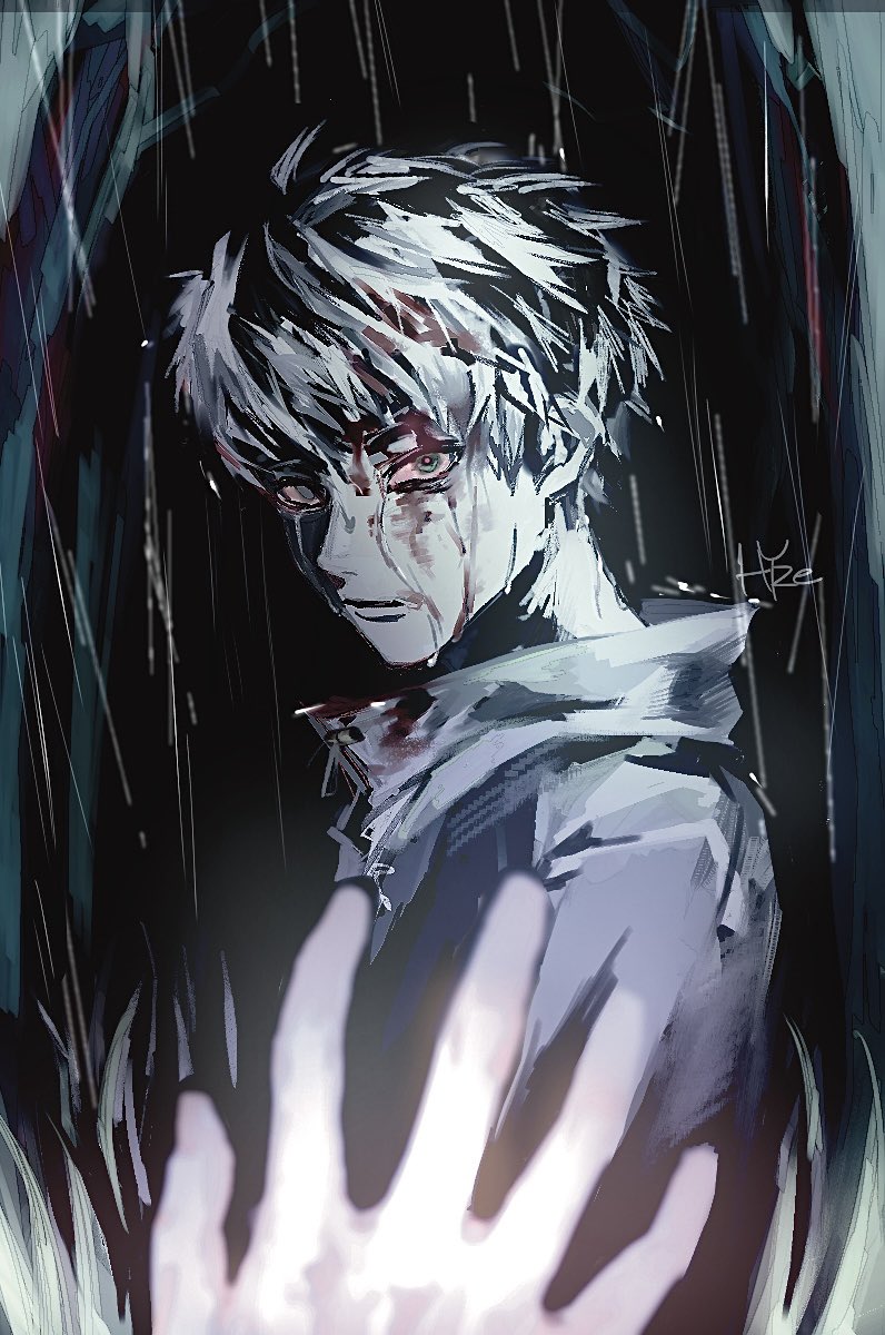 indou hikaru, tsujinaka yoshiki, hikaru ga shinda natsu, commentary request, highres, 21g 21g, 2boys, artist name, blood, blood on clothes, blood on face, closed mouth, looking at viewer, male focus, multiple boys, out of frame, rain, short hair, upper body, wet