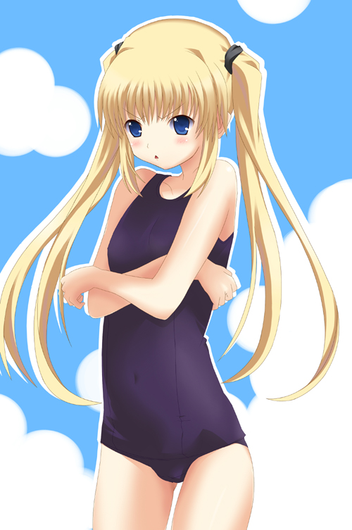 yuurakudou kurono, ayase natsuki, sakaagari hurricane, bad id, bad pixiv id, blonde hair, blue eyes, blush, embarrassed, flat chest, long hair, one-piece swimsuit, school swimsuit, solo, swimsuit, twintails