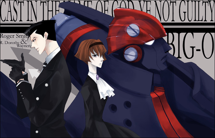 asato (s take), big o (mecha), r dorothy wayneright, roger smith, the big o, bob cut, english text, mecha, robot, short hair, super robot