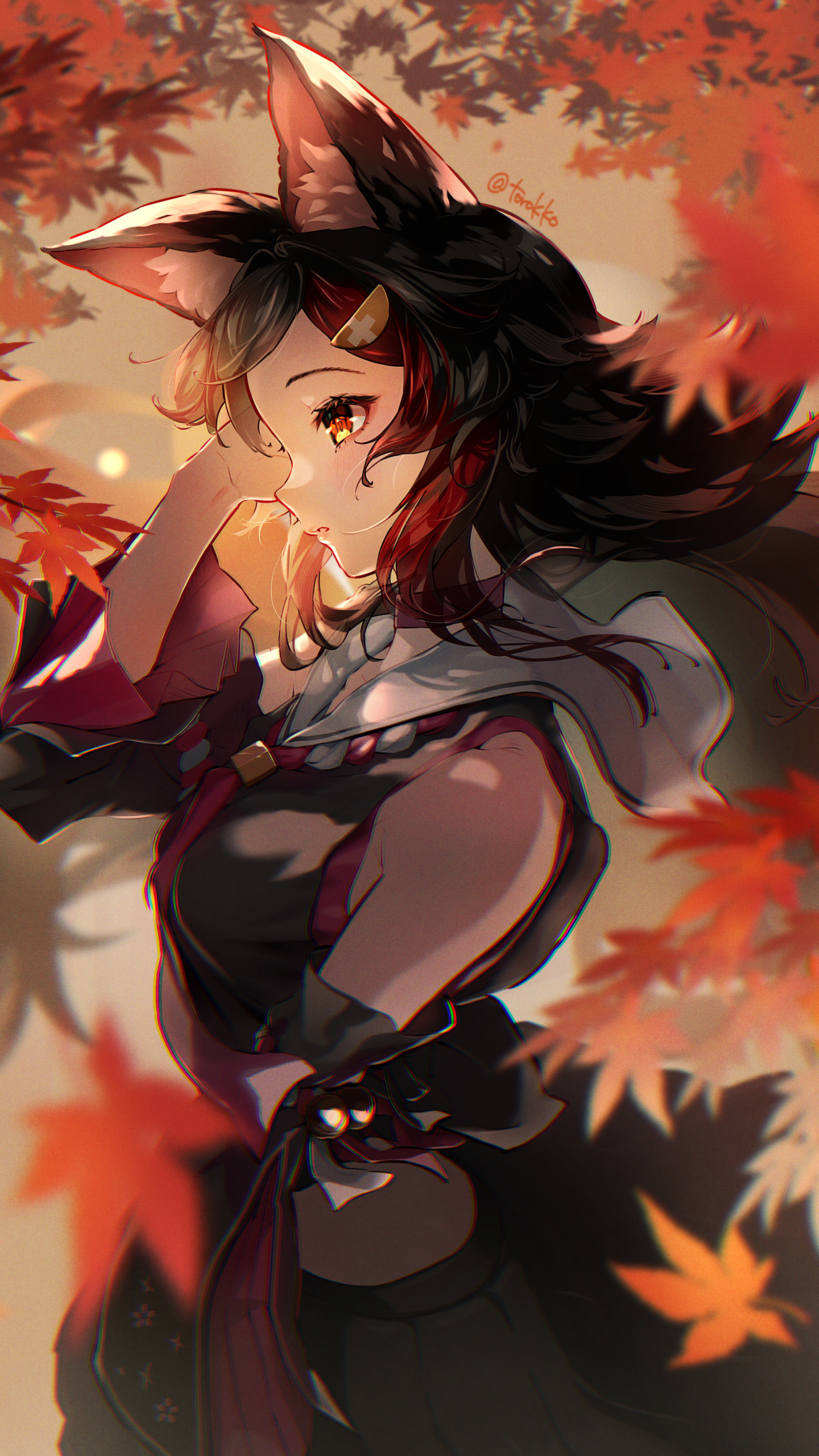torokko, ookami mio, ookami mio (1st costume), hololive, absurdres, commentary request, highres, 1girl, animal ears, autumn leaves, black hair, black serafuku, black shirt, black skirt, black sleeves, choker, cropped shirt, detached sleeves, floating hair, floral print, from side, hair ornament, hairclip, hand up, kouhaku nawa, leaf, long hair, multicolored hair, neckerchief, necktie, open mouth, pleated skirt, red choker, red hair, red neckerchief, red necktie, rope, sailor collar, school uniform, serafuku, shimenawa, shirt, sidelocks, skirt, sleeveless, sleeveless shirt, solo, streaked hair, virtual youtuber, white sailor collar, wide sleeves, wolf ears, wolf girl, yellow eyes