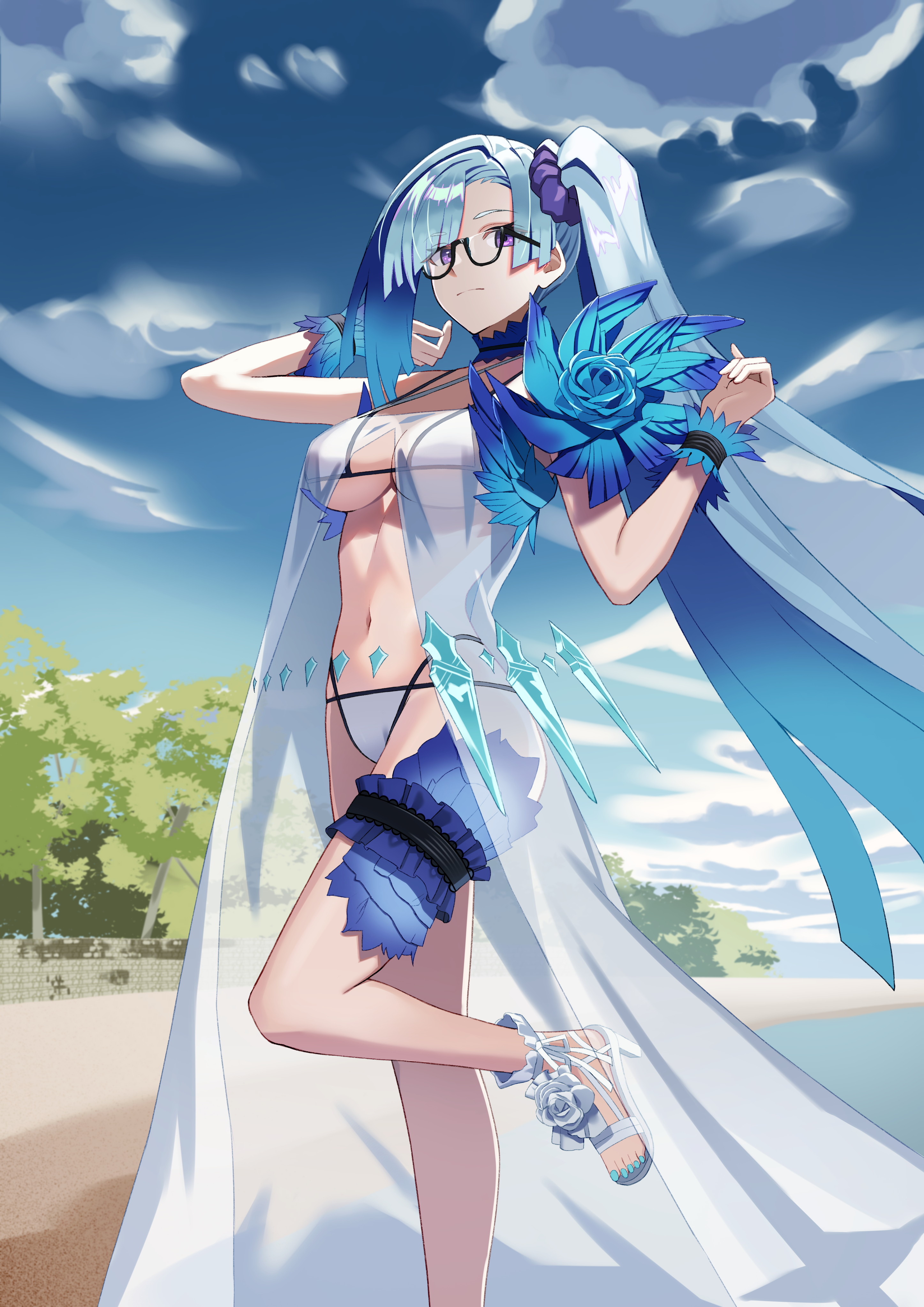motukan, brynhild (fate), brynhild (swimsuit berserker) (first ascension) (fate), fate/grand order, fate (series), absurdres, highres, 1girl, bare shoulders, bikini, blue hair, breasts, cleavage, glasses, large breasts, long hair, looking at viewer, multicolored hair, navel, purple eyes, side ponytail, solo, swimsuit, two-tone hair, very long hair, white bikini