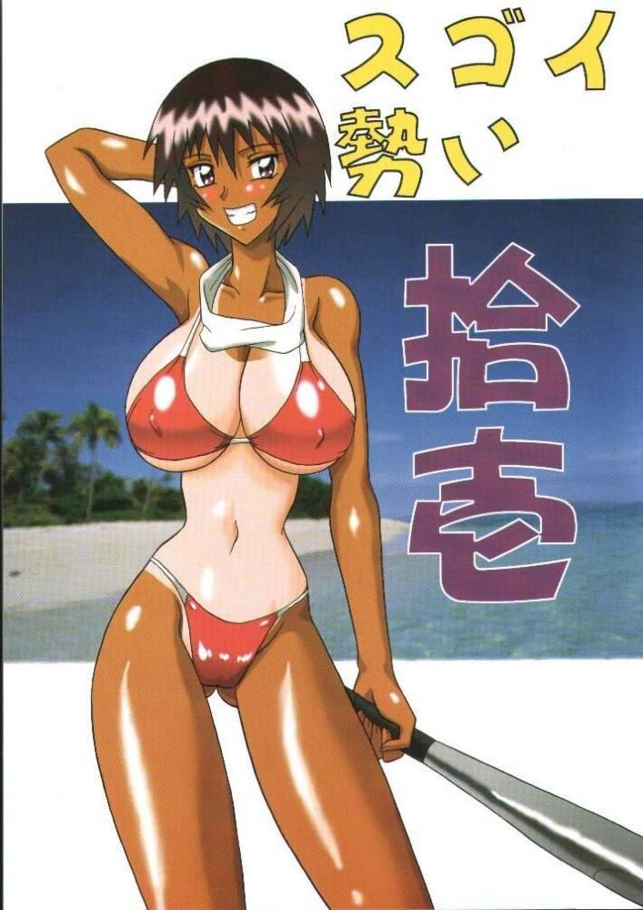 mutsuya, kagura (azumanga daioh), azumanga daiou, sugoi ikioi 11, 1girl, arm behind head, baseball bat, beach, bikini, breasts, brown eyes, brown hair, cleavage, cloud, collarbone, grin, holding, huge breasts, looking at viewer, navel, ocean, one-piece tan, palm tree, red bikini, sand, short hair, sky, smile, standing, swimsuit, tan, tanline, teeth, tree, water