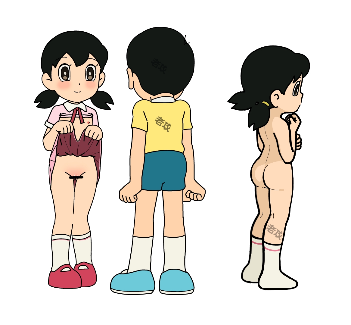 minamoto shizuka, nobi nobita, doraemon, ass, back, black hair, nude, simple background, skirt, smile, socks, twintails, white background