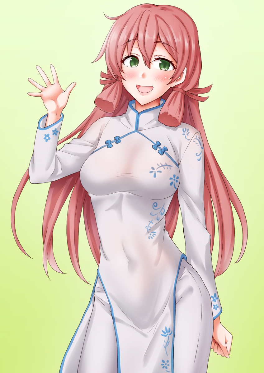 anti (untea9), akashi (kancolle), kantai collection, highres, 1girl, ao dai, blunt tresses, cowboy shot, dress, gradient background, green background, green eyes, hair ribbon, long hair, pants, pink hair, ribbon, smile, solo, tress ribbon, waving, white dress, white pants