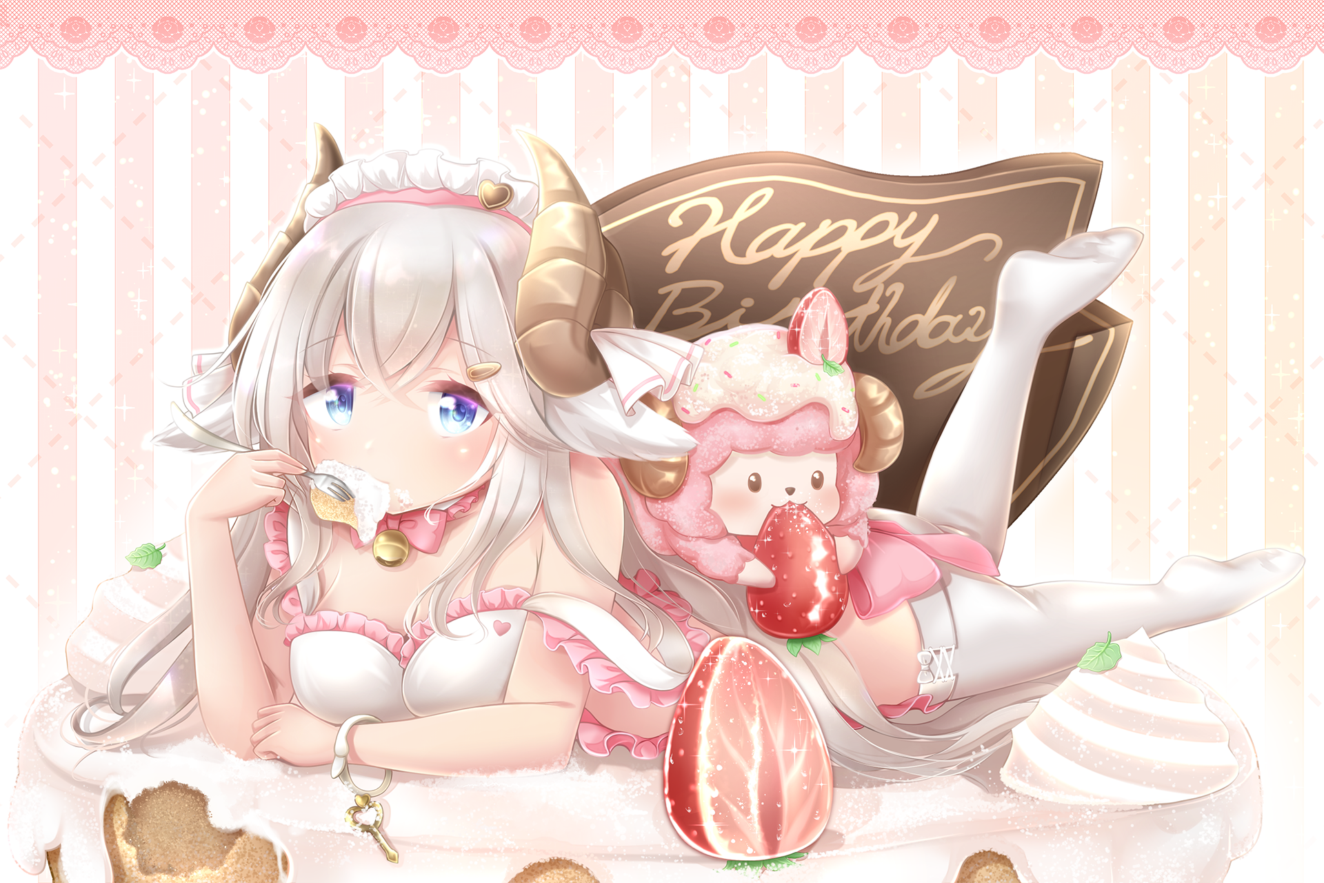 renati (renatium), shishinina (dot yuusha), dot yuusha, 1girl, :3, animal, animal ears, apron, bell, birthday, birthday cake, black eyes, blue eyes, blush, bow, bowtie, bracelet, cake, food, fork, fruit, grey hair, hair ornament, hairclip, happy birthday, heart, heart print, holding, holding food, holding fork, horns, jewelry, jingle bell, key, lace-trimmed apron, lace trim, leaf, leg up, long hair, looking at viewer, lying, maid, maid headdress, naked apron, neck bell, oversized food, oversized object, pink background, pink bow, pink bowtie, pink fur, print apron, sheep, sheep ears, sheep girl, sheep horns, sparkle, strap slip, strawberry, strawberry shortcake, striped background, thighhighs, white apron, white thighhighs