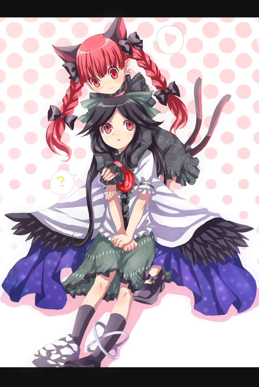 neme, kaenbyou rin, reiuji utsuho, touhou, bad id, bad pixiv id, highres, 2girls, ?, animal ears, black hair, braid, cape, cat ears, cat girl, cat tail, female focus, heart, hug, hug from behind, letterboxed, long hair, multiple girls, multiple tails, red eyes, red hair, ribbon, spoken heart, tail, twin braids, twintails, wings