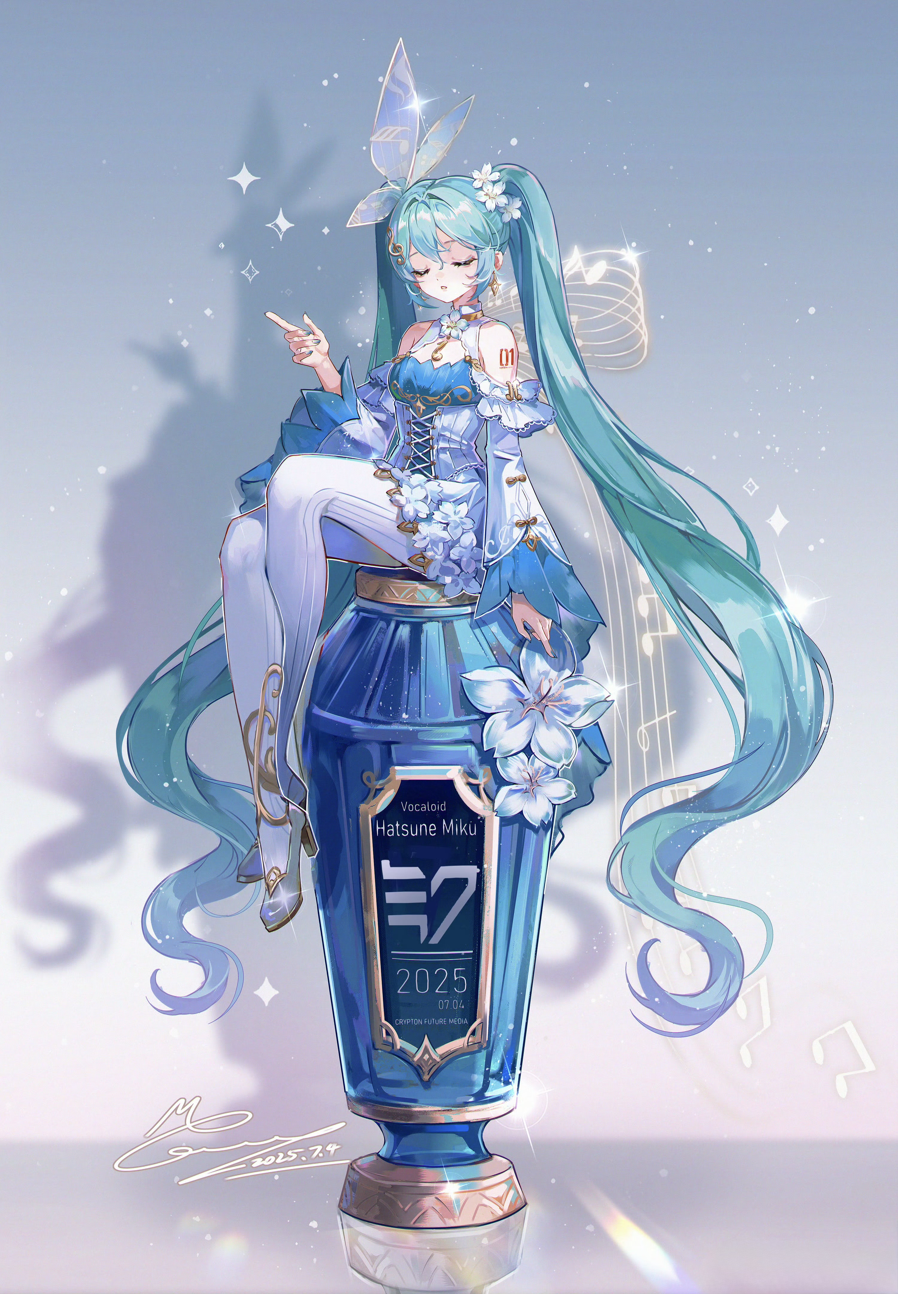memory mie, hatsune miku, vocaloid, absurdres, highres, 1girl, absurdly long hair, aqua hair, aqua nails, arm tattoo, breasts, closed eyes, detached sleeves, dress, earrings, flower, fortissimo, hair between eyes, hair flower, hair ornament, high heels, jewelry, long hair, long sleeves, medium breasts, musical note, musical note hair ornament, musical staff, number tattoo, pantyhose, parted lips, pumps, solo, tattoo, twintails, very long hair, white dress, white flower, white pantyhose, wide sleeves